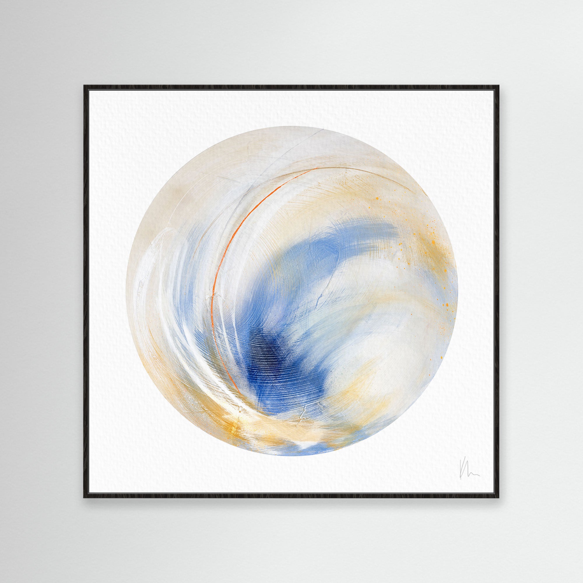 Go Your Own Way by Kate Mayer is an abstract painting featuring a swirling circle with blue, white, and gold hues. It's set in a black frame against a light background, encapsulating individuality and self-assurance through its bold and dynamic design.