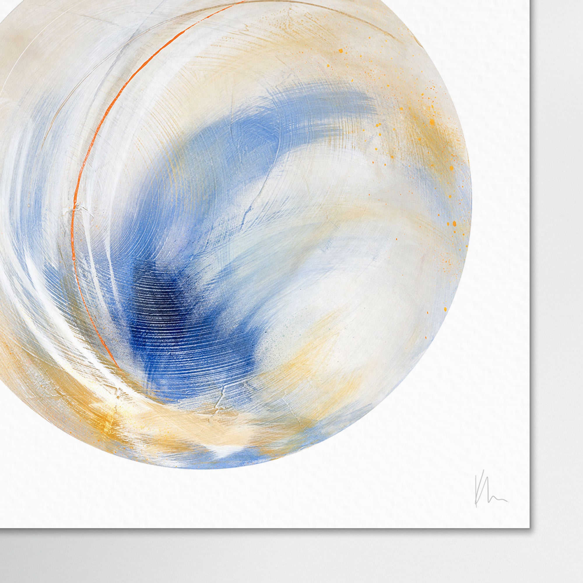 The abstract painting titled "Go Your Own Way" by Kate Mayer showcases a swirling sphere with hues of blue, yellow, and white. Textured brushstrokes capture the courage and individuality of free-spirited forms, while fine details highlight the unique charm of each layer.