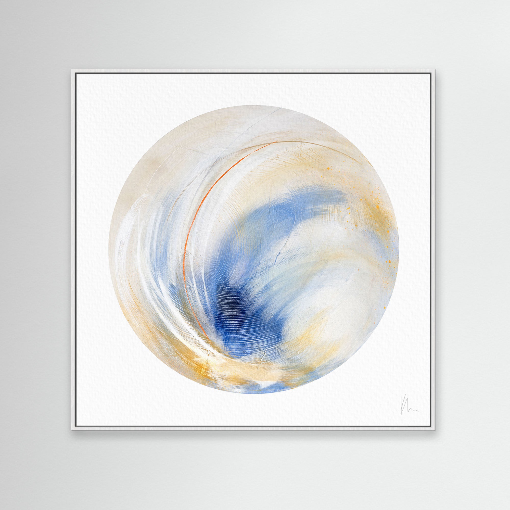 The "Go Your Own Way" artwork by Kate Mayer features an abstract swirling circular design in blue, gold, and white hues, celebrating individuality within a white square frame.