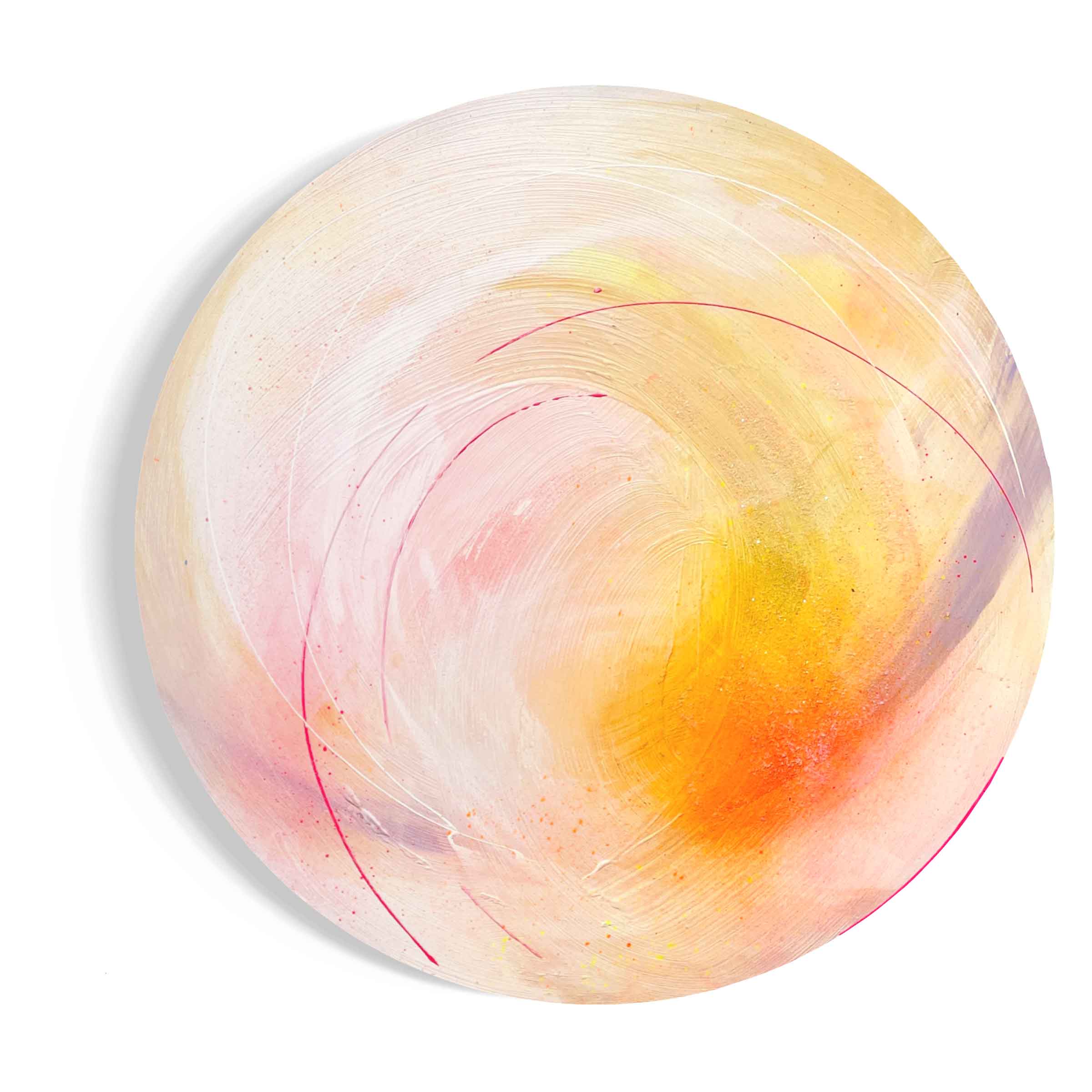 The "Happiness Is A Place Within" original painting by Kate Mayer features a circular abstract design with swirling pastel colors like pink, yellow, and orange. The use of diamond dust adds an enhanced sense of motion and depth.