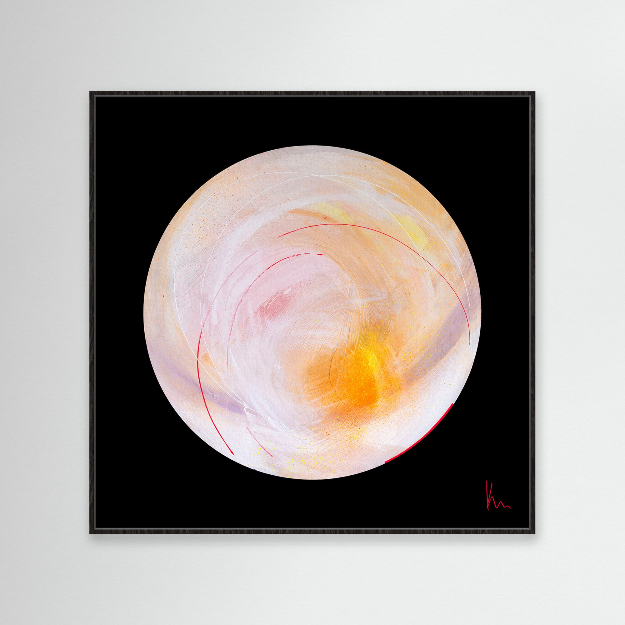 The "Happiness Is A Place Within" painting by Kate Mayer features abstract circular designs with swirls of white, pink, and yellow on a black background, capturing the essence of inner joy.