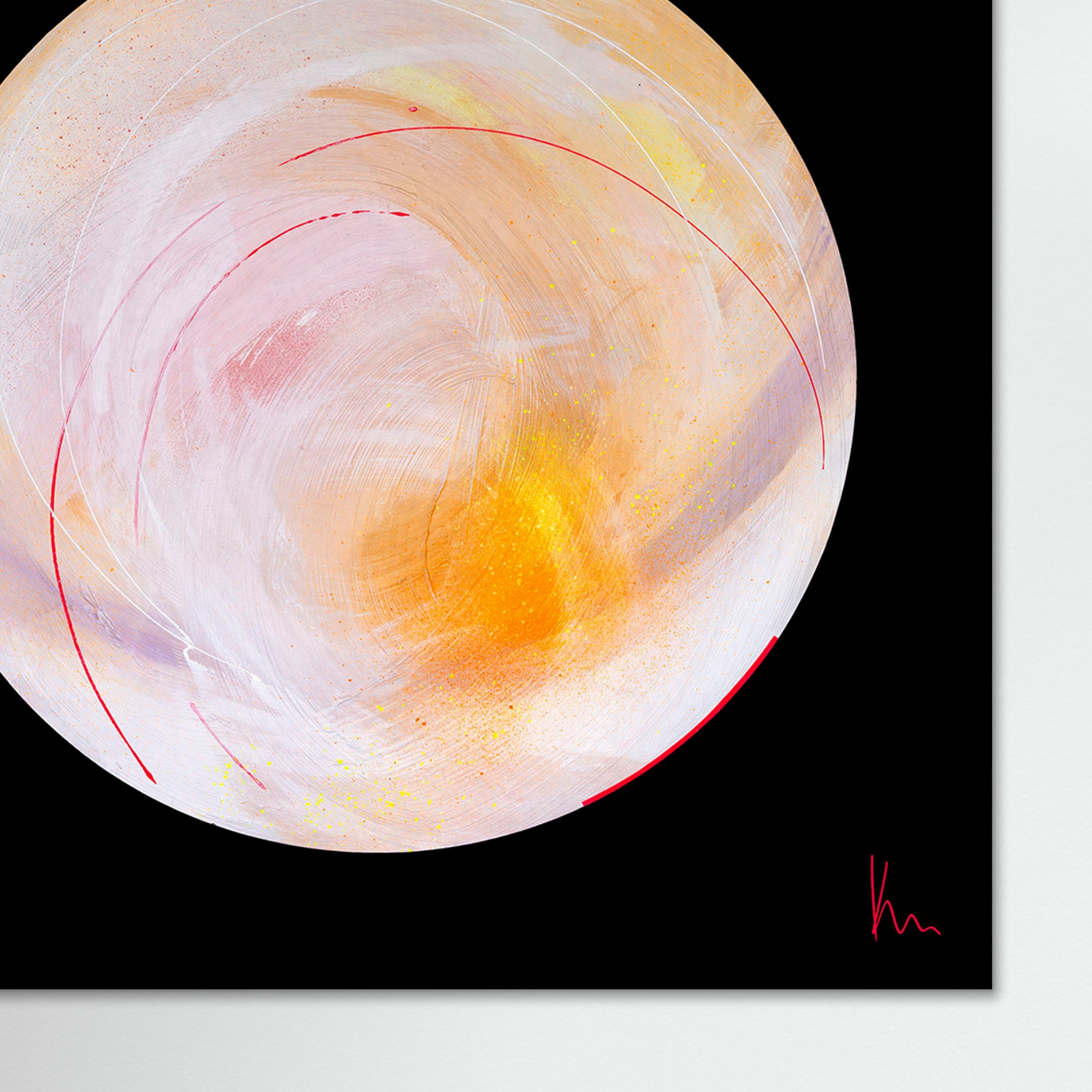 The artwork titled "Happiness Is A Place Within" by Kate Mayer features transformative swirls of white and orange brushstrokes on a black background, with a red signature adorning the lower right corner.