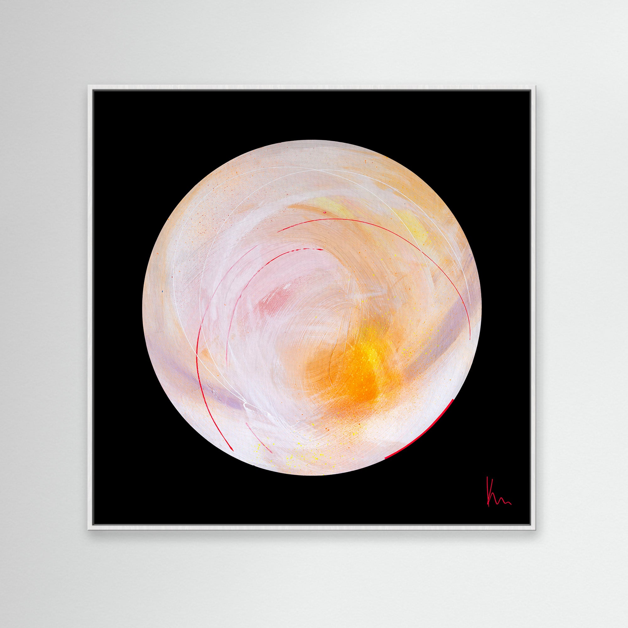 Happiness Is A Place Within" by Kate Mayer is a circular abstract painting featuring swirling pastel colors, red streaks, and a vibrant yellow spot exuding inner joy, all set against a black background.