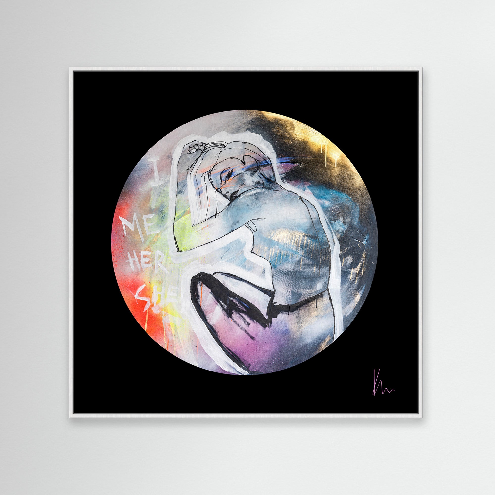 Her," a colorful abstract painting by Kate Mayer, features a curled figure within a circular frame, embellished with words like "Me," "Her," and "She." This intriguing piece invites viewers to delve into themes of identity and introspection.