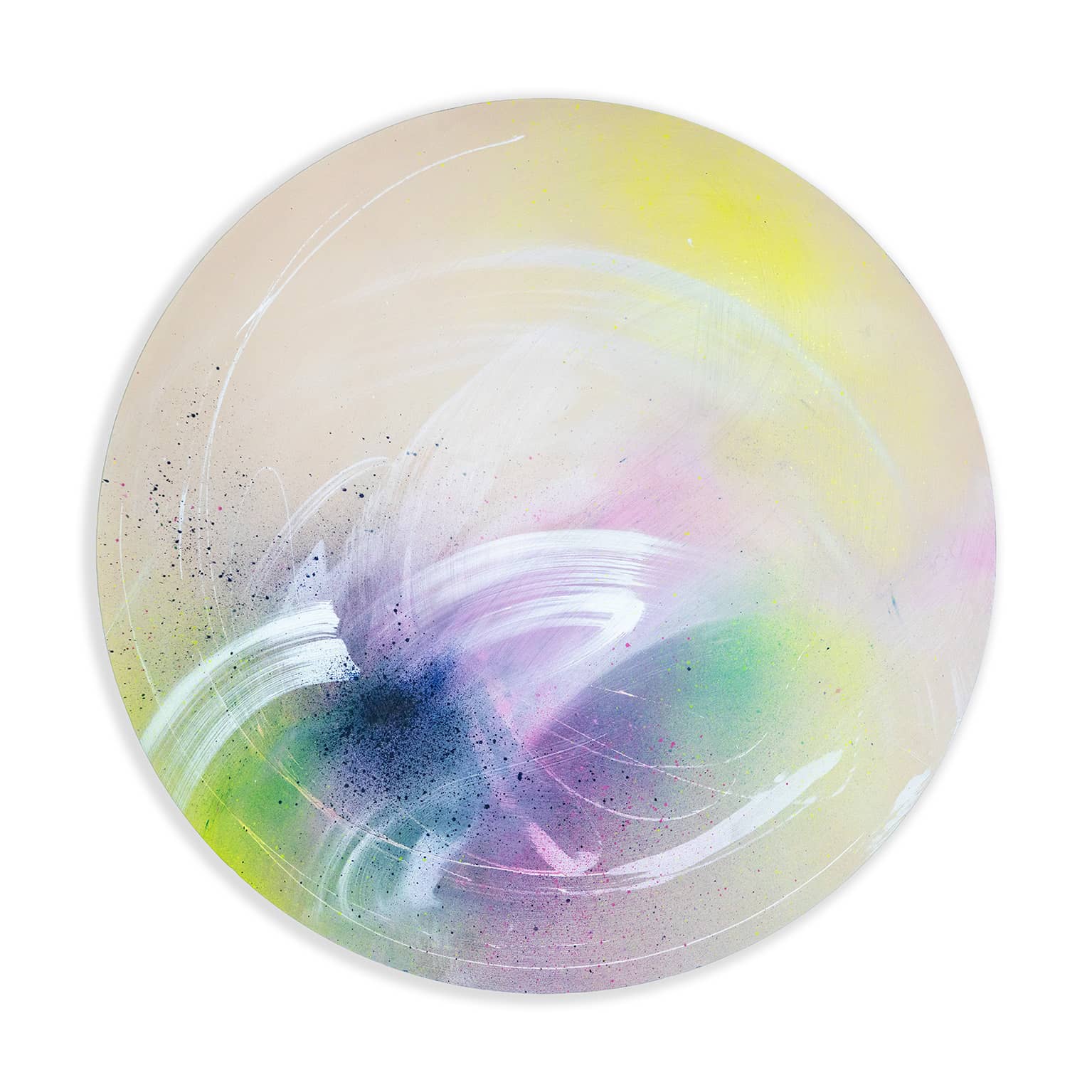 I Believe In Miracles" by Kate Mayer: An abstract round painting featuring pastel swirls with lavender and lime green accents.