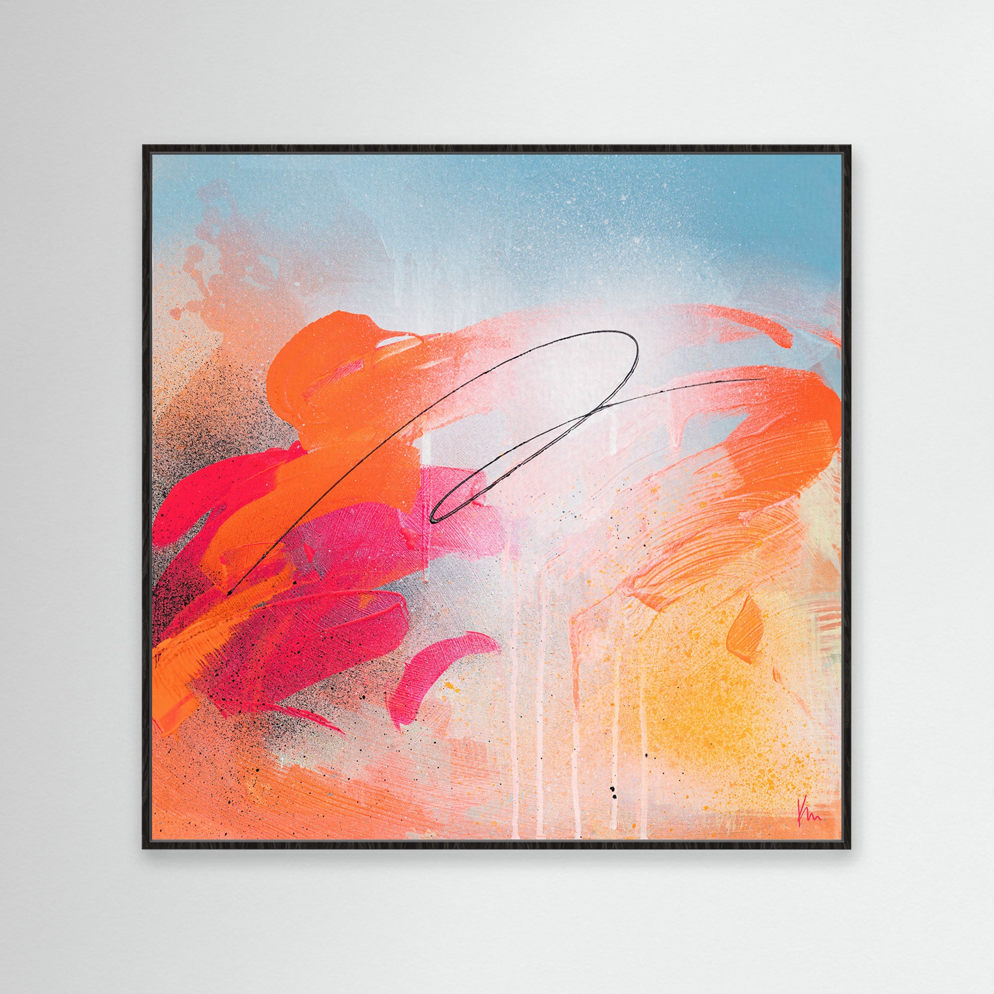 Introducing "Dance With Me" by Kate Mayer, an abstract painting featuring bold orange and pink brushstrokes. Its vibrant colors play against a subtle blue gradient background and are elegantly framed in black, perfectly capturing the essence of joyous art.