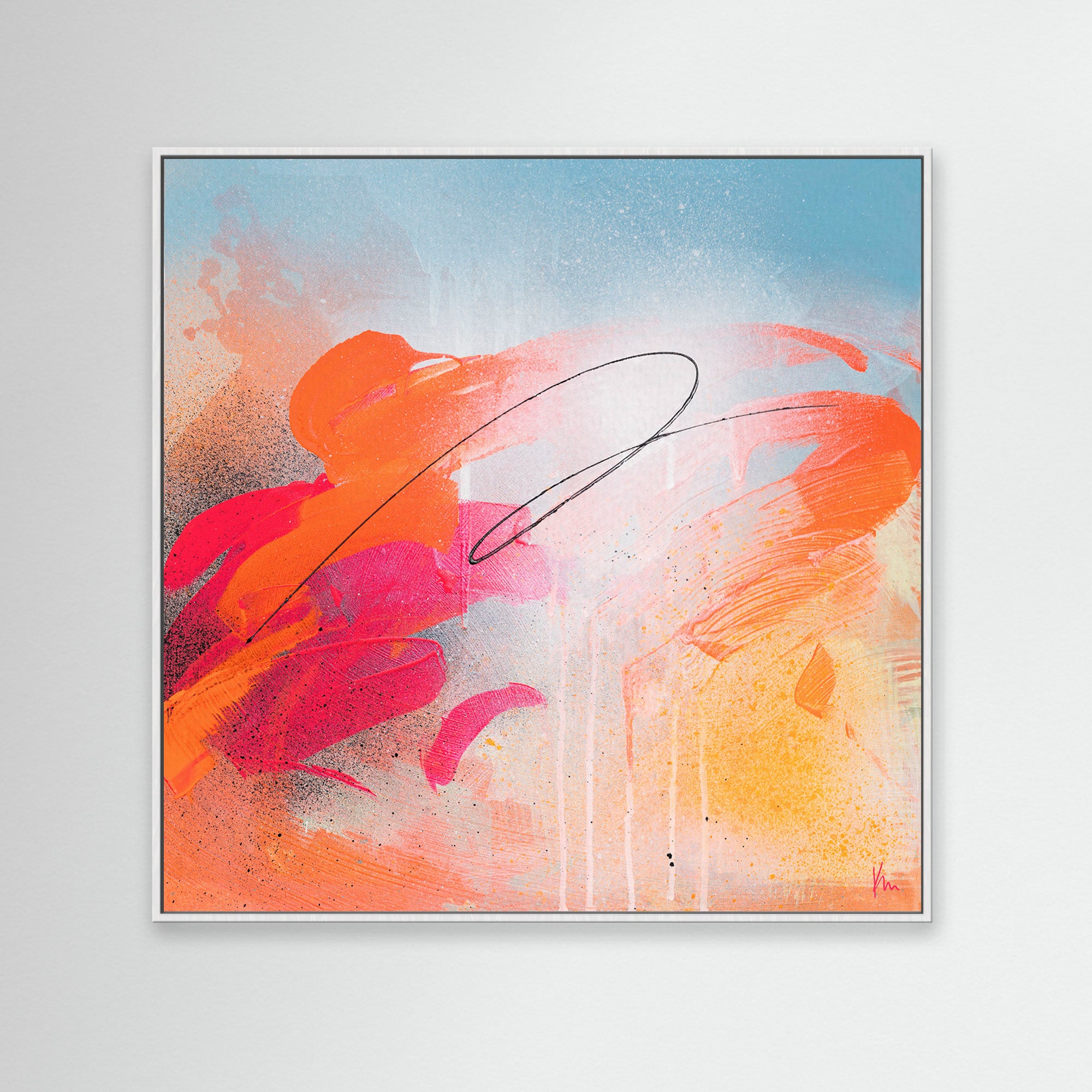 The "Dance With Me" artwork by Kate Mayer features joyous art with vibrant orange, pink, and blue swirls on a light background, accentuated by a bold black curved line.