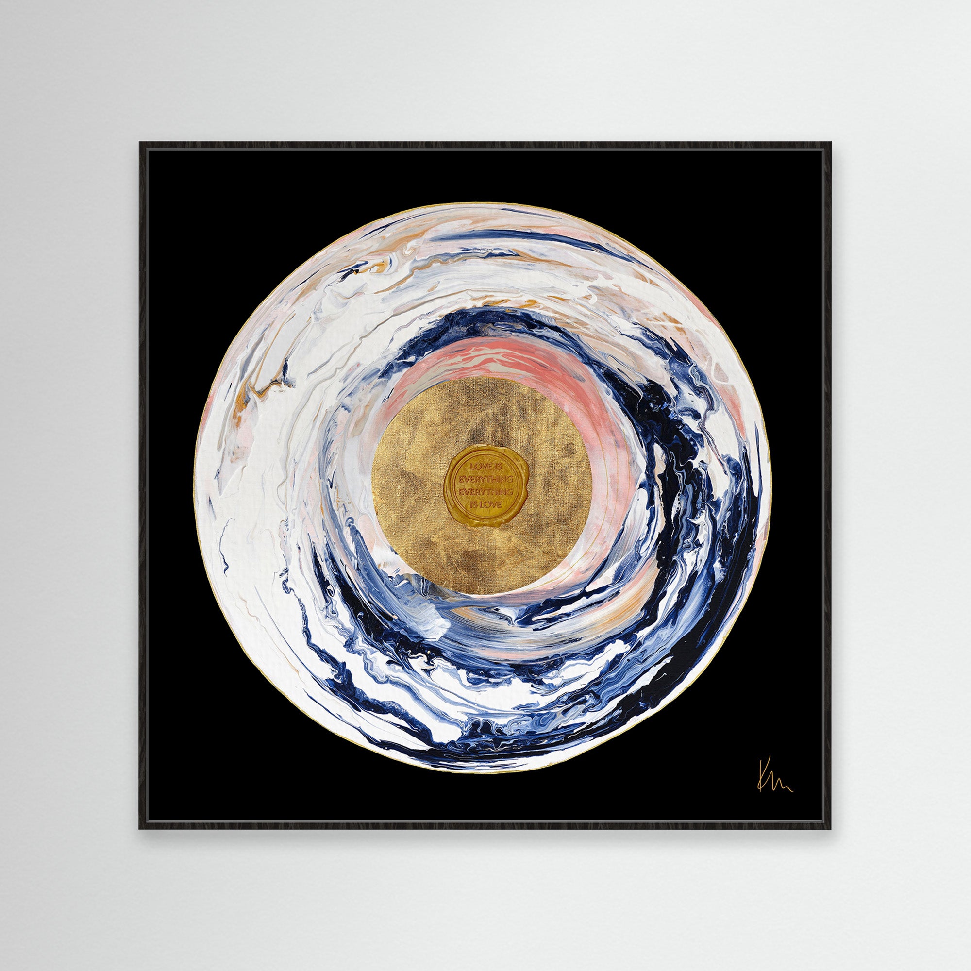 The "Love Sublime" by Kate Mayer is an enchanting abstract circular piece that displays swirling patterns of black, white, pink, and gold. It highlights a lustrous gold center set against a deep black background, emanating an air of elegance and allure.