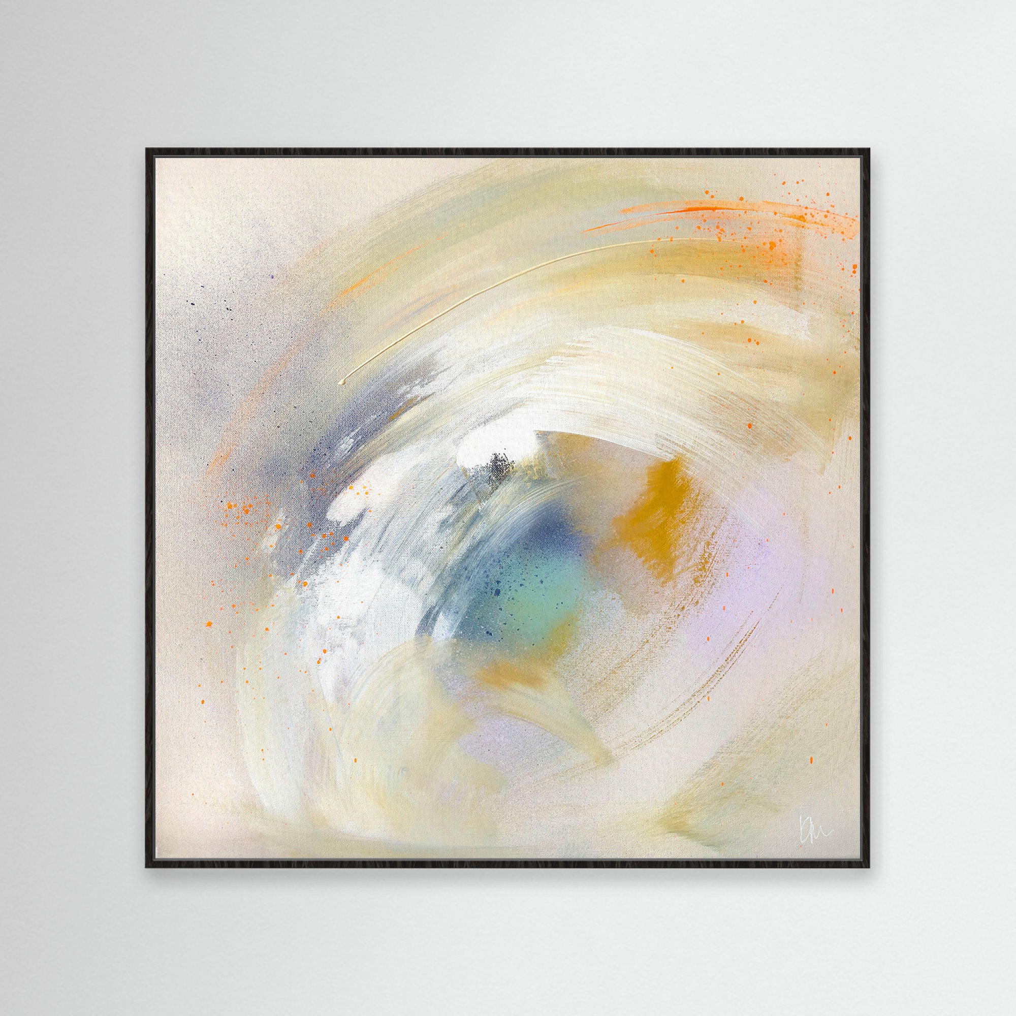 The "Make A Wish" by Kate Mayer is an abstract painting featuring gentle swirls of orange, blue, and white. It comes framed in black and is displayed against a light-colored wall. Can you provide additional details for a more comprehensive description?