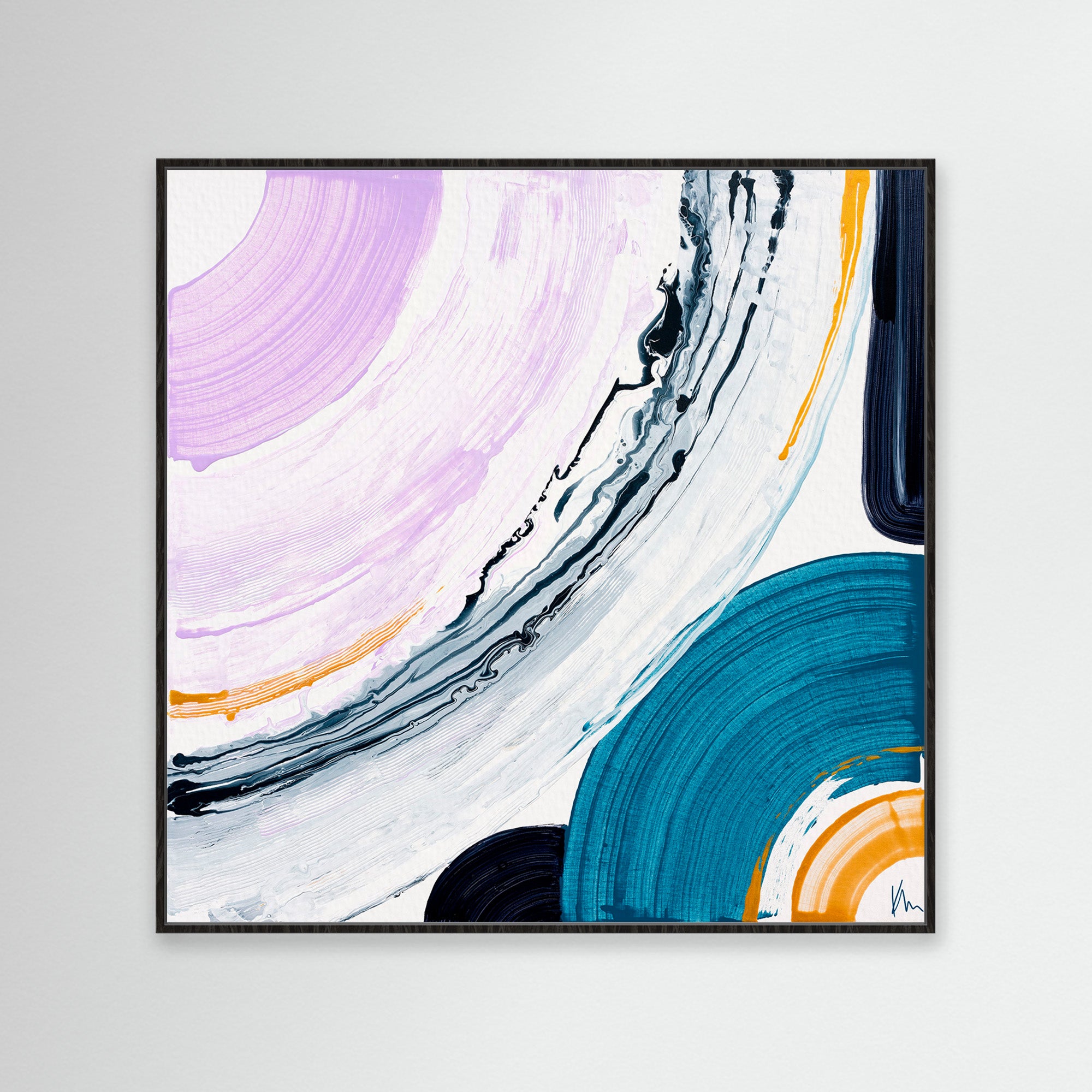 The painting "Me & You" by Kate Mayer features a vibrant abstract composition with bold circular brushstrokes in purple, teal, black, and yellow set against a light background. The sweet whispers of color dance harmoniously across the canvas.