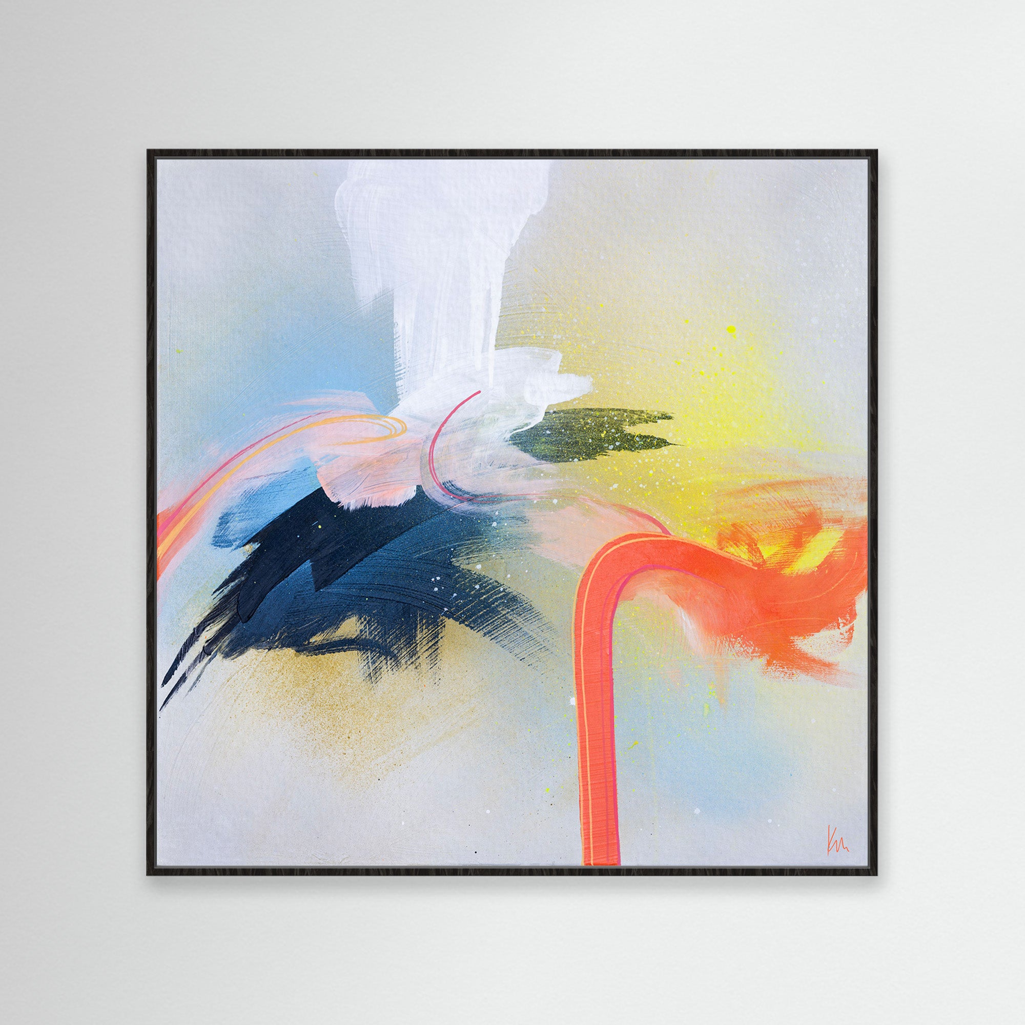 The Miami Flamingo by Kate Mayer is a stunning abstract painting featuring bold strokes of orange, blue, yellow, and white on a gray background, elegantly encased in a black frame.