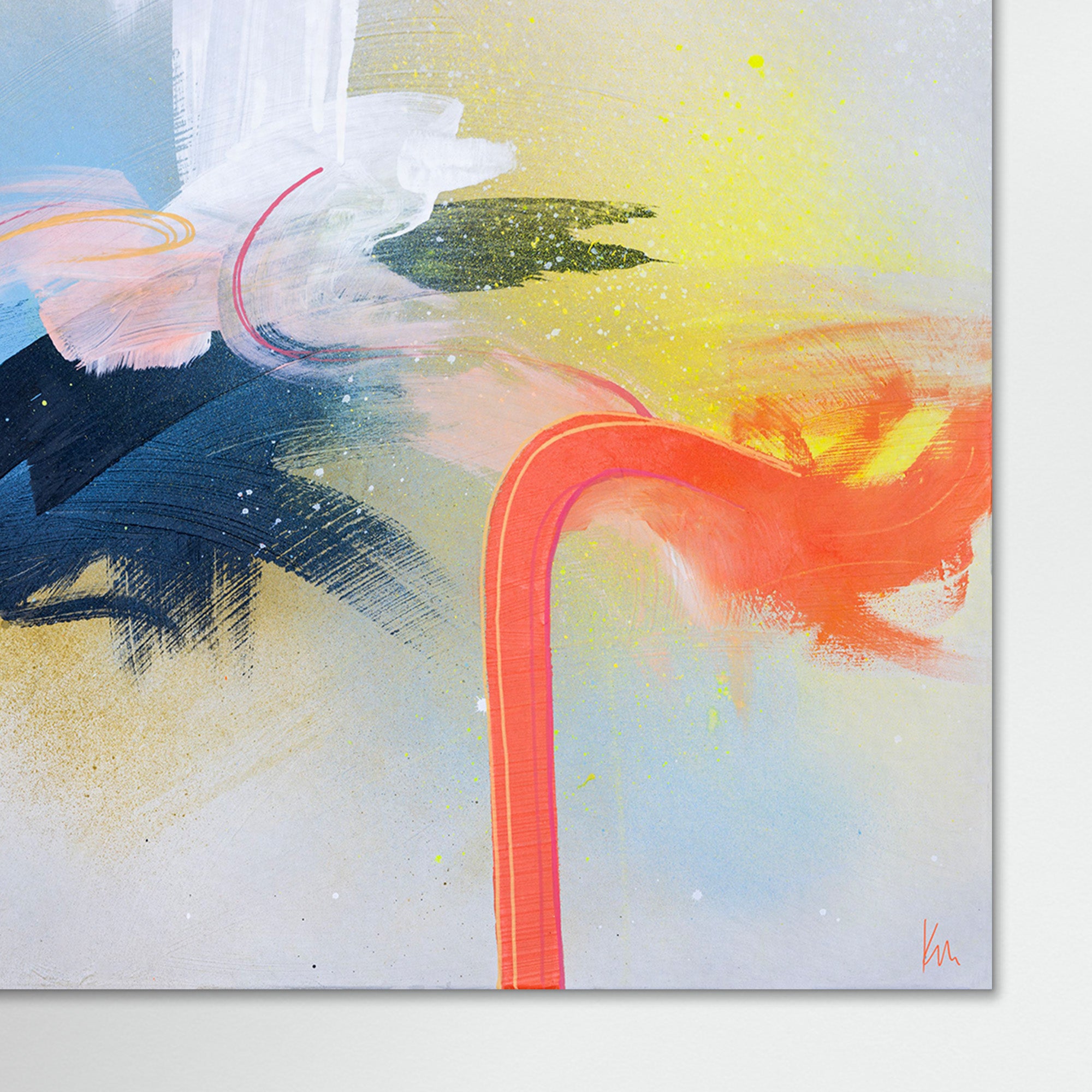 The "Miami Flamingo" by Kate Mayer is a vibrant abstract painting showcasing dynamic brushstrokes in orange, blue, and yellow, with sweeping textures on a light background.