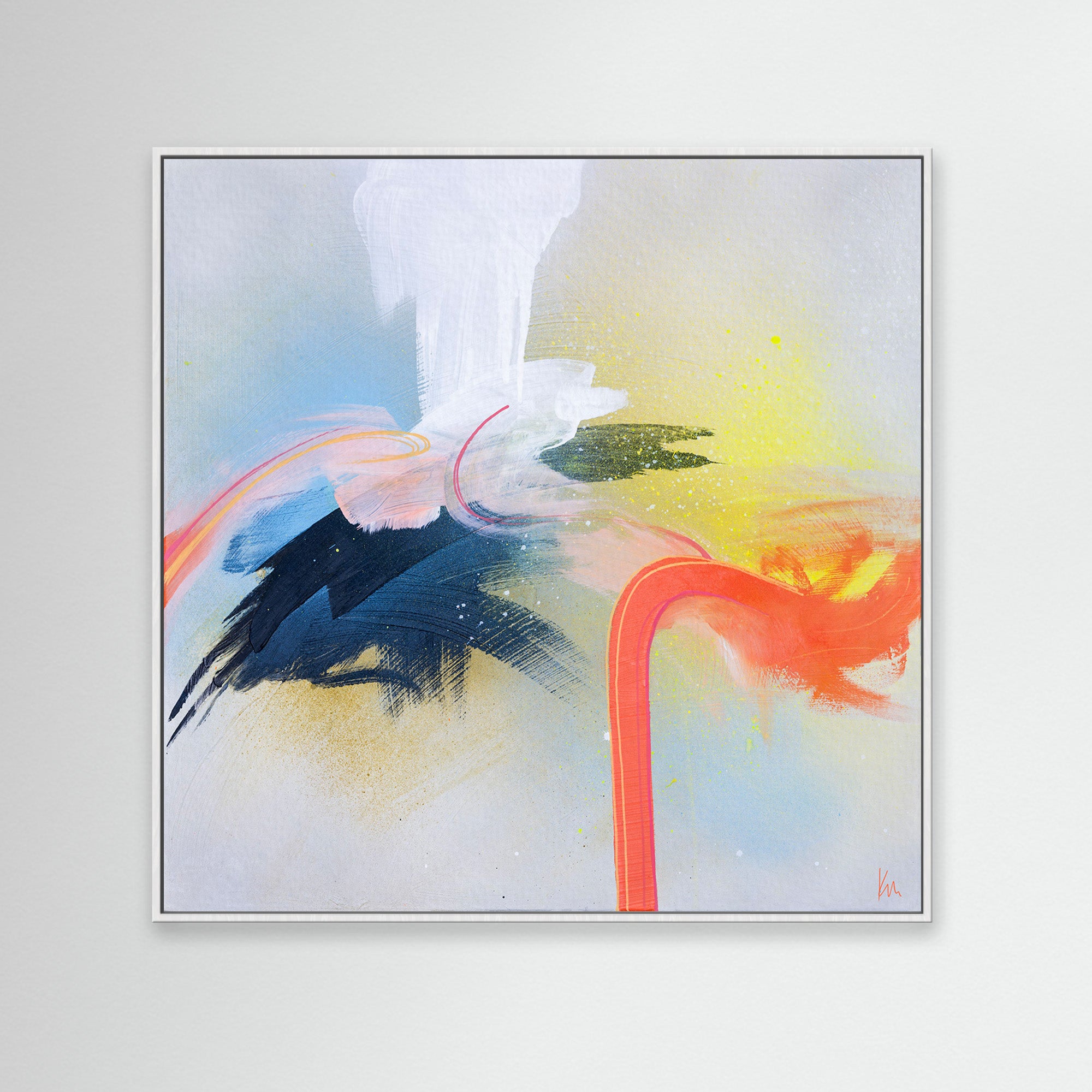 Apologies, but it seems like you might need more context. Here's a suggestion: The Miami Flamingo by Kate Mayer features an abstract painting with bold brushstrokes of blue, orange, white, and yellow on a textured gray background in a square frame, adding depth and vibrancy to any space.