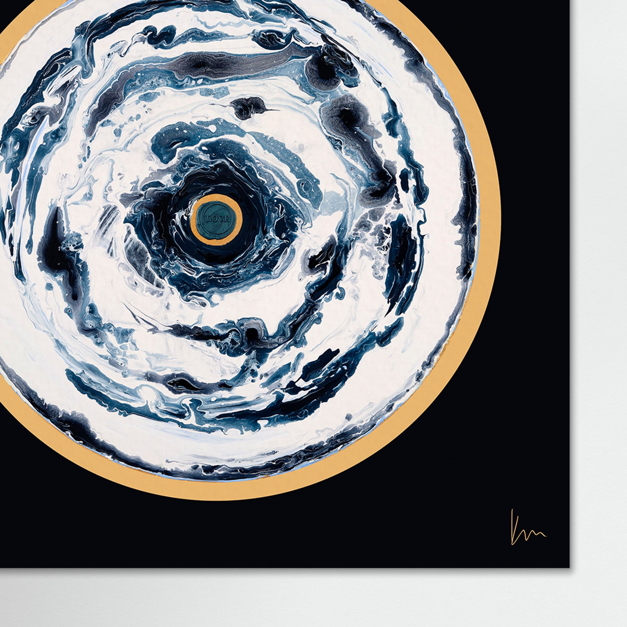 I'm sorry, but it seems there's no product description provided for me to analyze. However, *Oceans Of Love*, a captivating piece by Kate Mayer, features abstract artwork with swirling black, white, and blue patterns encased in a gold circular frame against a striking black background.