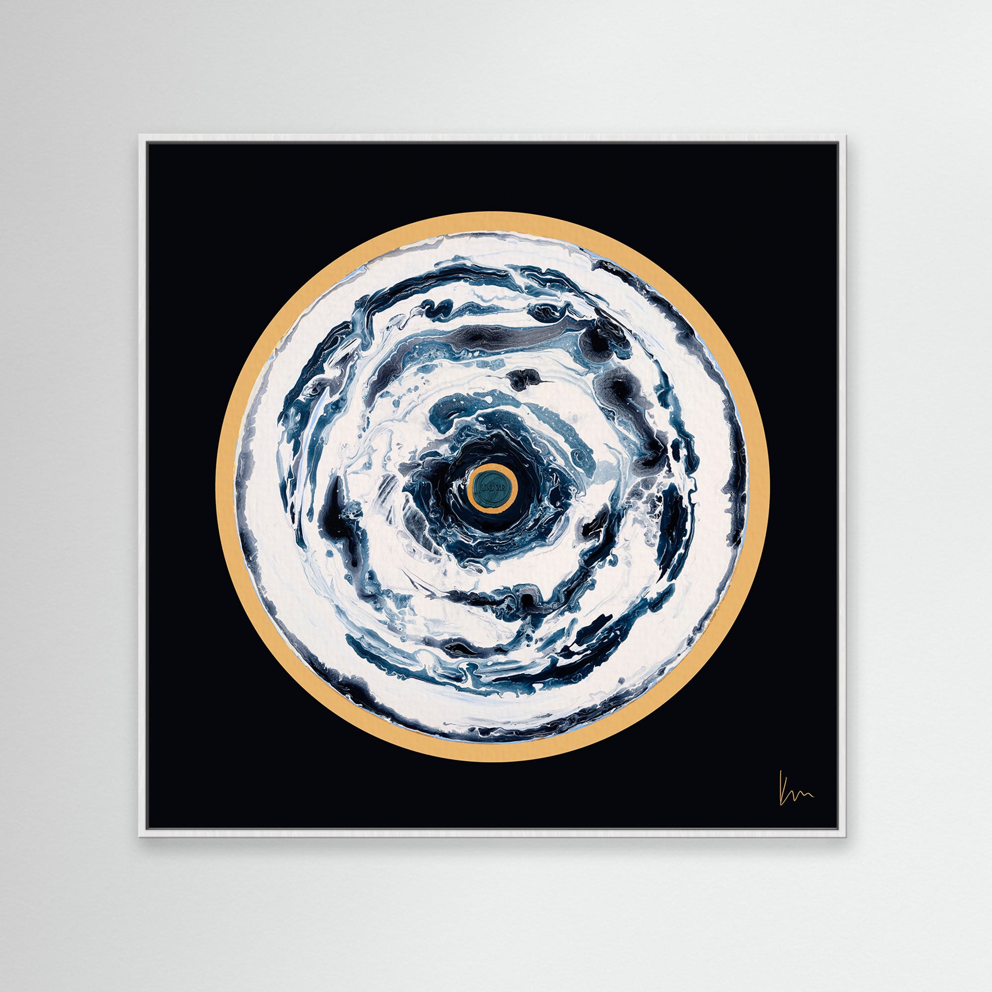 **Product Description:** 

"Oceans Of Love" by Kate Mayer beautifully captures abstract artistry with its circular patterns and mesmerizing swirling shades of blue, white, and gold set against a dark background.