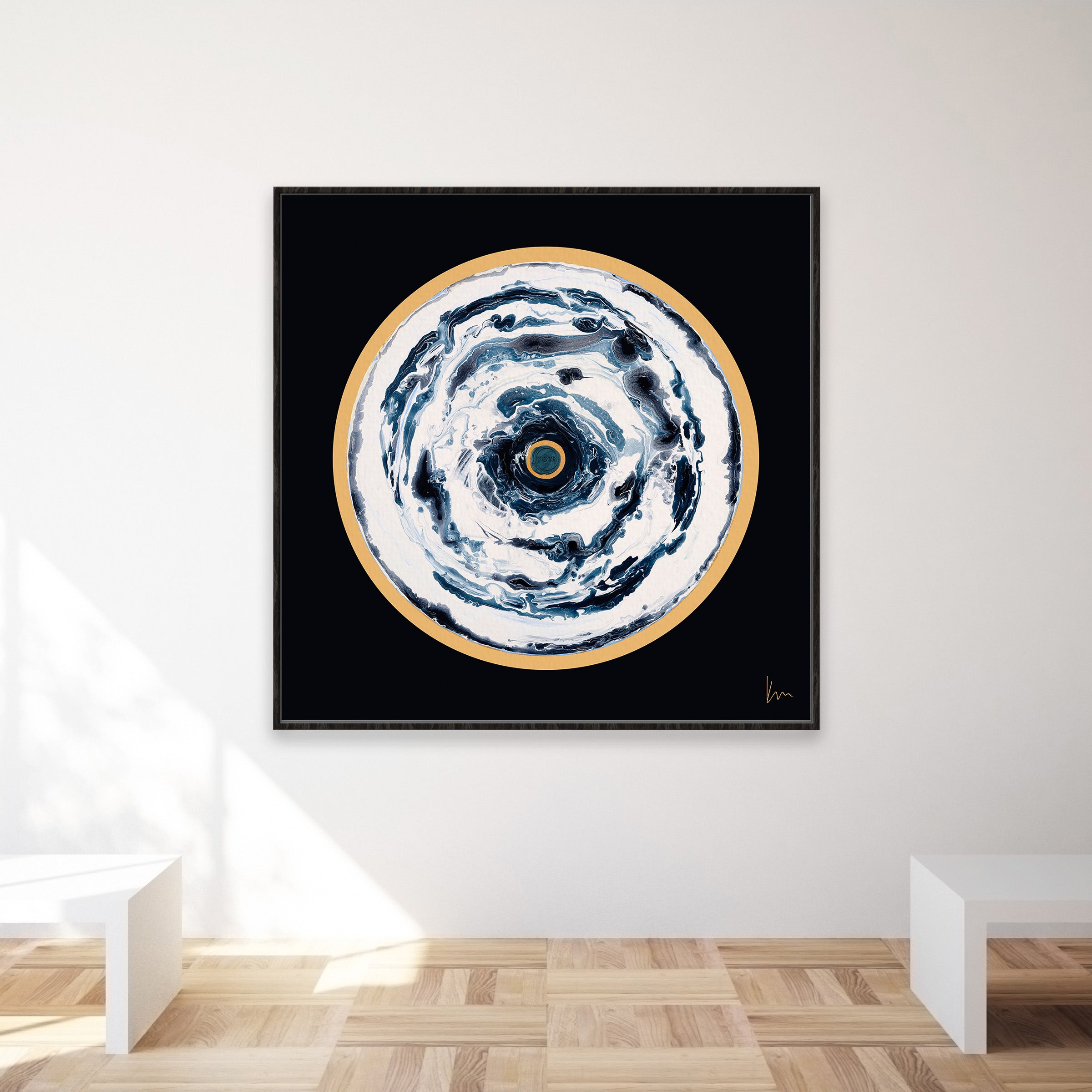 The "Oceans Of Love" painting by Kate Mayer, featuring mesmerizing swirling hues of blue, white, and yellow, elegantly graces a plain wall above a wooden floor. The product description is minimal yet captivating.