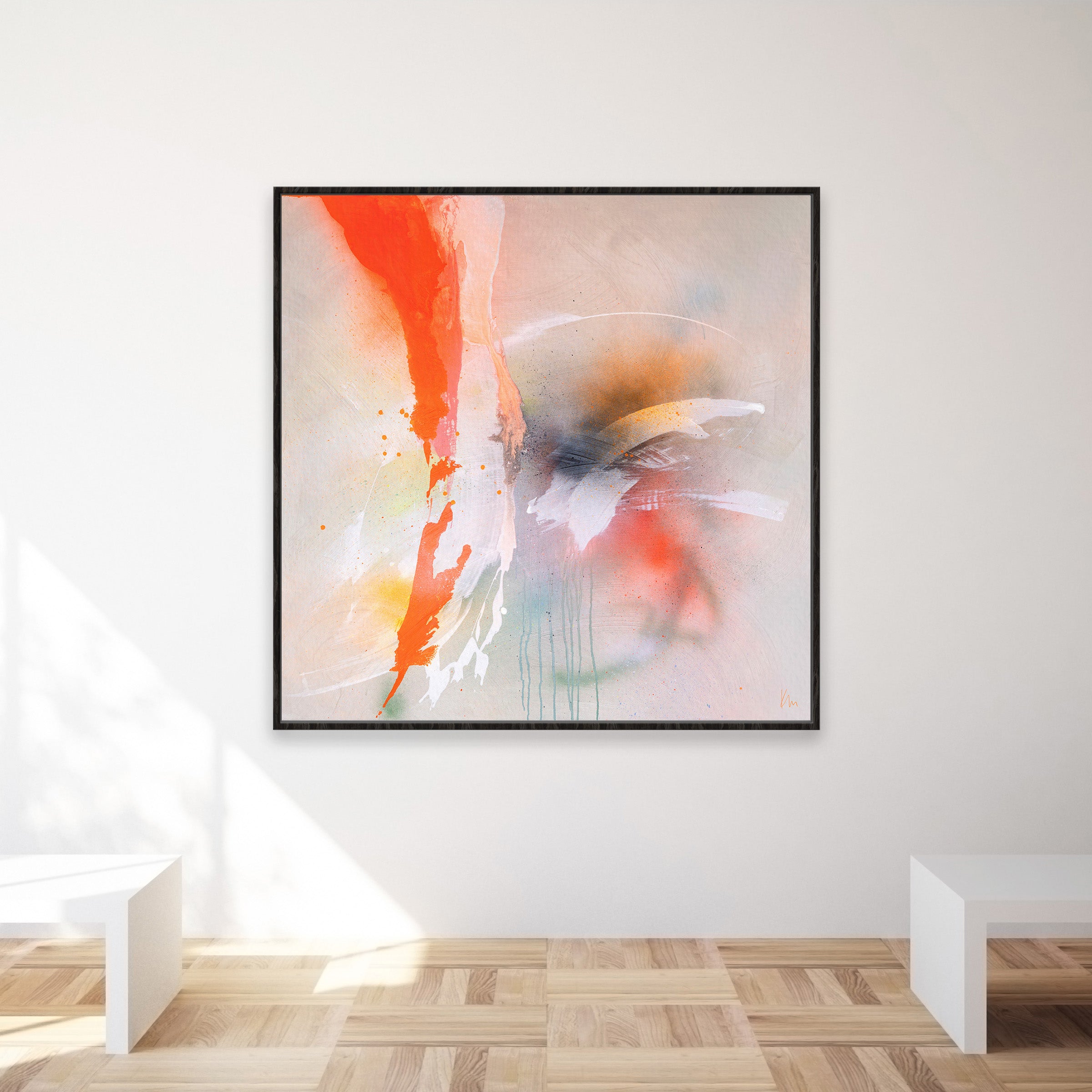 Sorry, but there isn't enough information in the product description you provided. Could you please provide a more detailed description of the abstract painting with splashes of red, orange, and white on a light background, hung on a beige wall in a minimalist room?