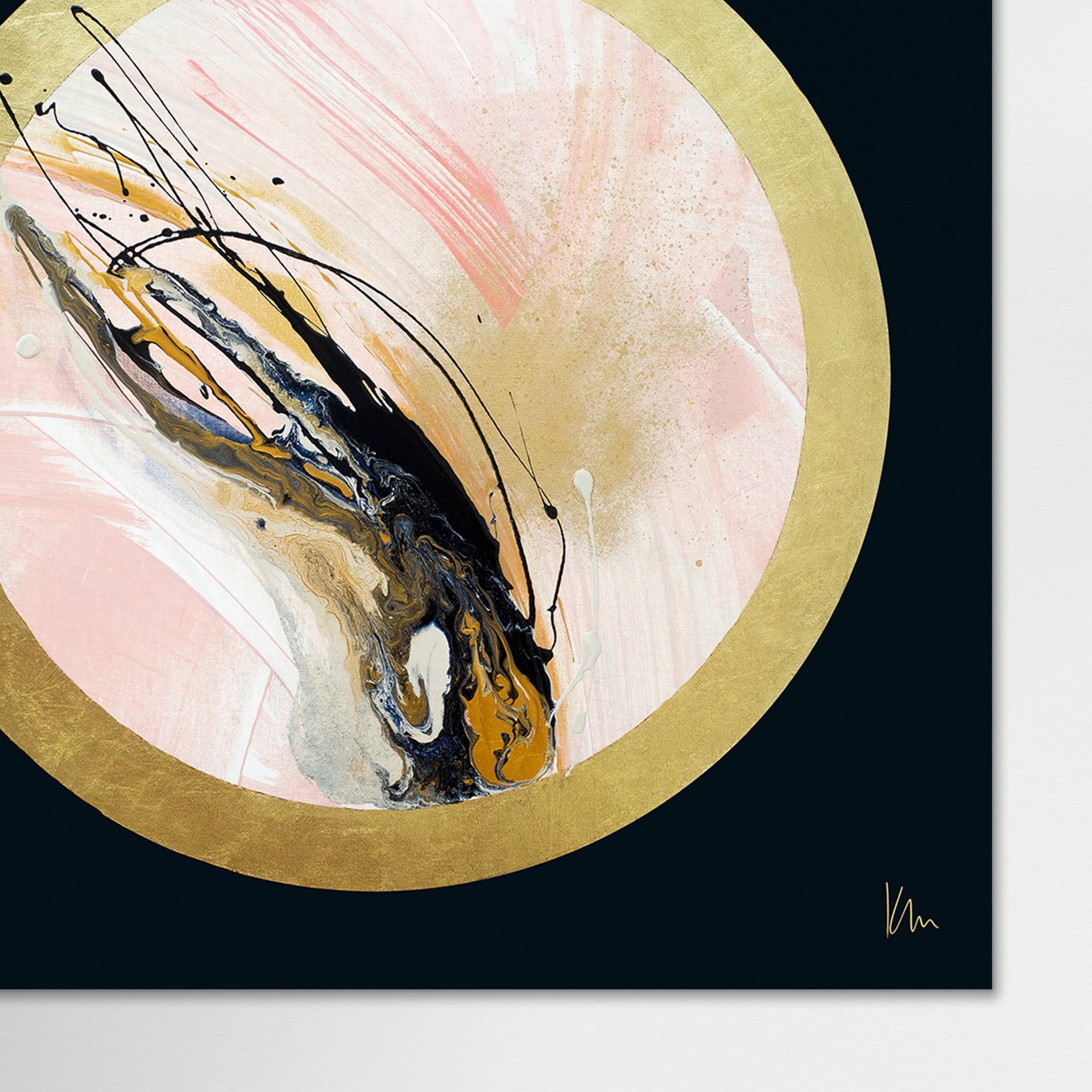 Presenting "Rise Up" by Kate Mayer, an abstract artwork showcasing a circular composition with dynamic gold, black, white, and pink swirls and splatters set against a dark background. The piece beautifully captures the vibrant interplay of colors and textures.