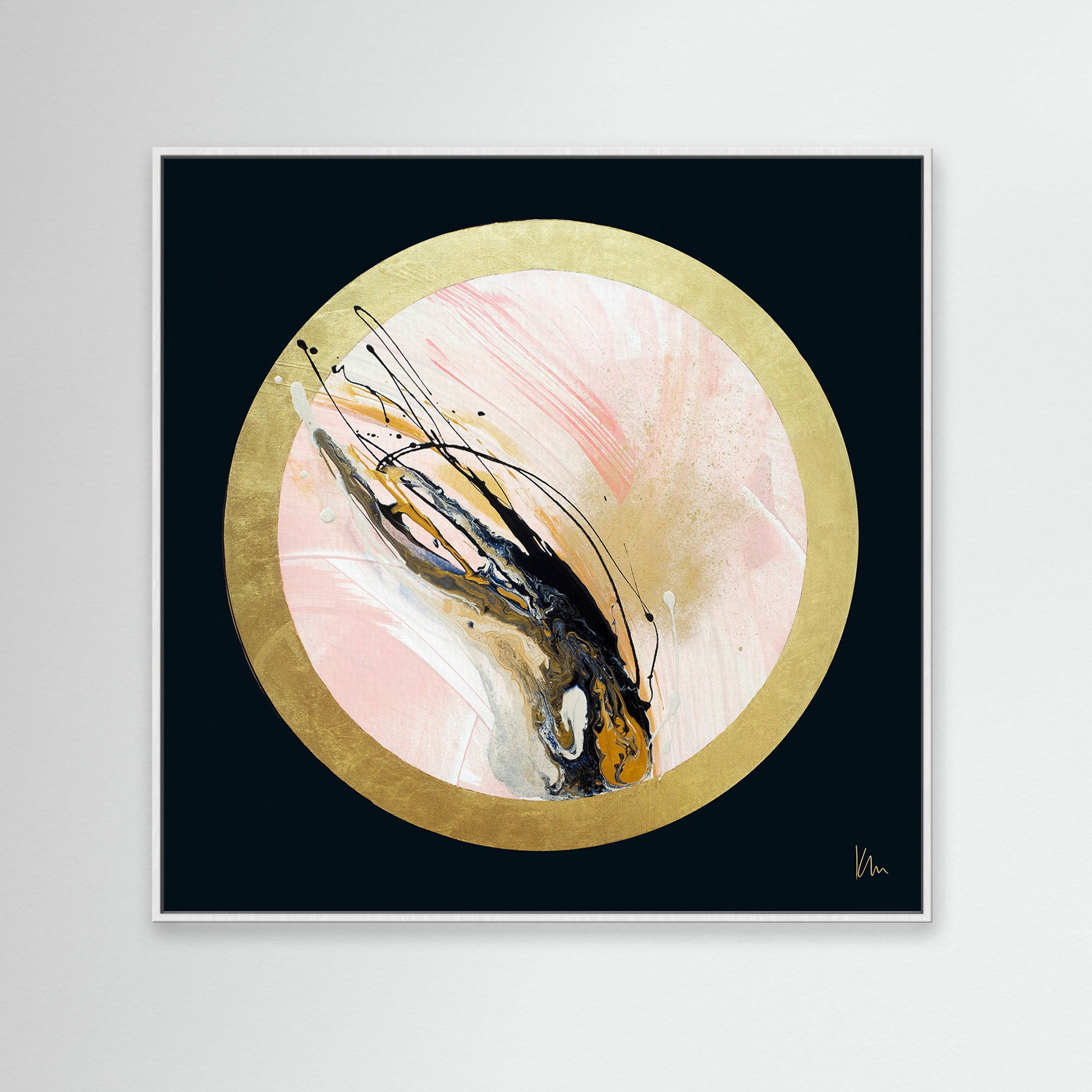 Abstract artwork titled "Rise Up" by Kate Mayer, featuring a mesmerizing circular design with black, beige, and gold tones, encompassed by a gold rim against a dark background. This meticulously crafted description captures the essence of the piece's intricate beauty and elegance.