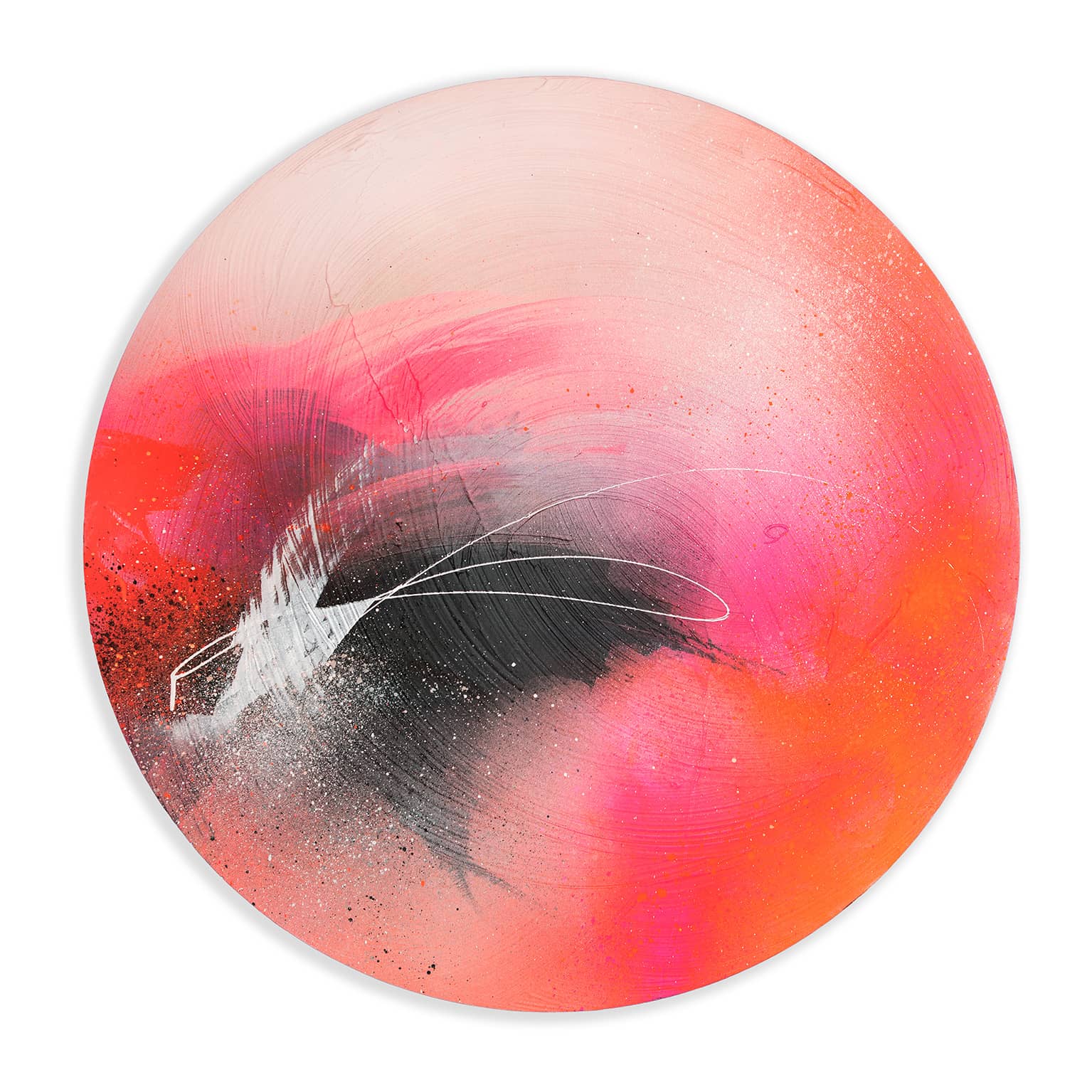 Set The World On Fire" by Kate Mayer mixes acrylic and spray paint in vibrant pink, orange, and black swirling brushstrokes.