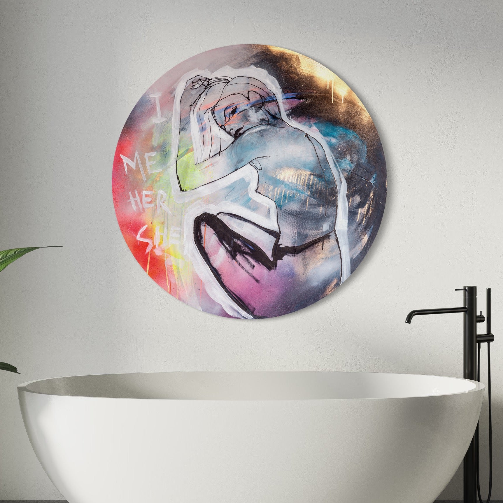 The "She - Original Painting" by Kate Mayer, featuring a circular artwork with an abstract human figure and a vibrant background crafted using acrylic and spray paint, is elegantly displayed above a white bathtub in a modern bathroom. This unique piece comes with a certificate of authenticity.