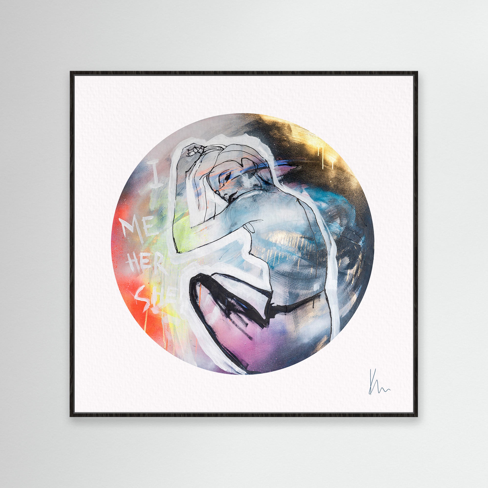 Artwork Description: A crouched figure with abstract elements, adorned by text reading "ME," "HER," and "SHE" on a colorful circular background. Product Name: She. Brand Name: Kate Mayer.