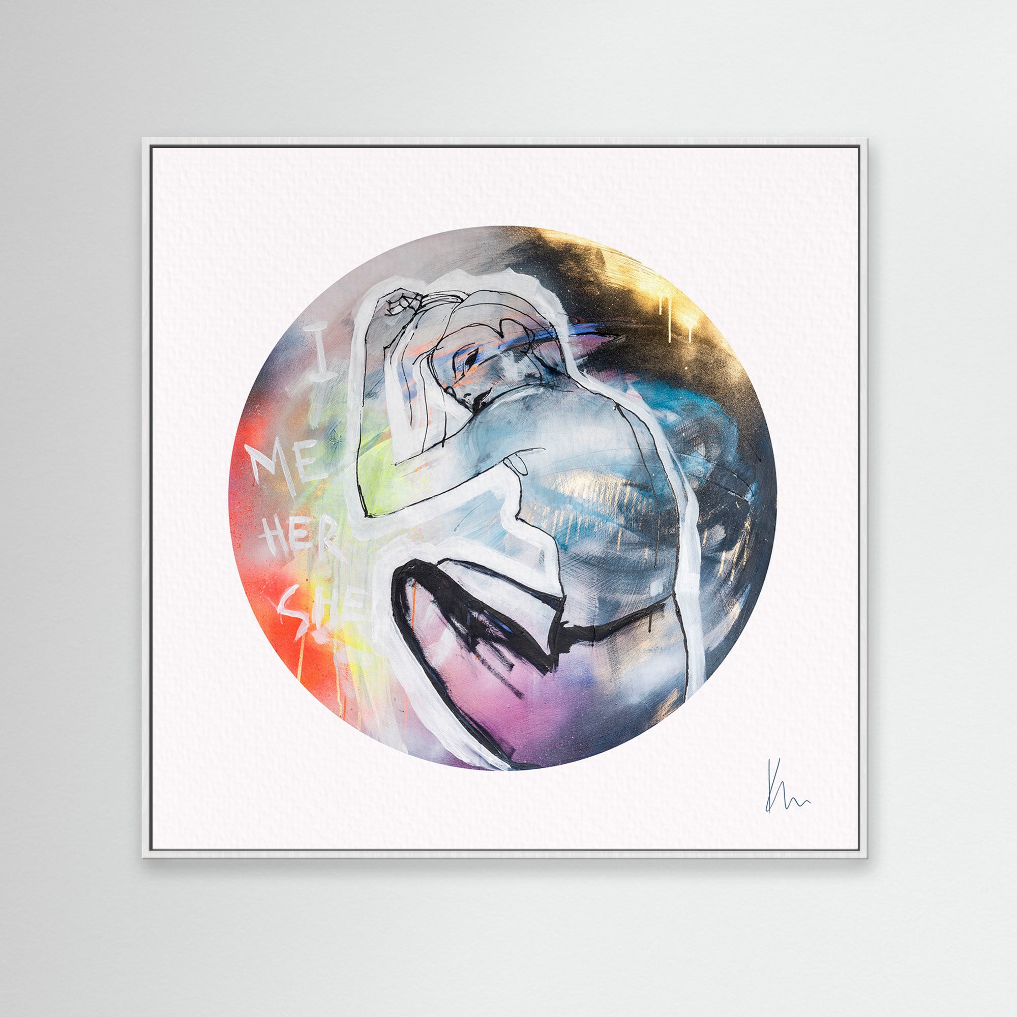 Abstract painting titled "She" by Kate Mayer, featuring a crouched figure within a circular frame, enveloped by colorful text and strokes. The artist's signature is prominently displayed in the corner, adding an authentic touch to this captivating artwork.