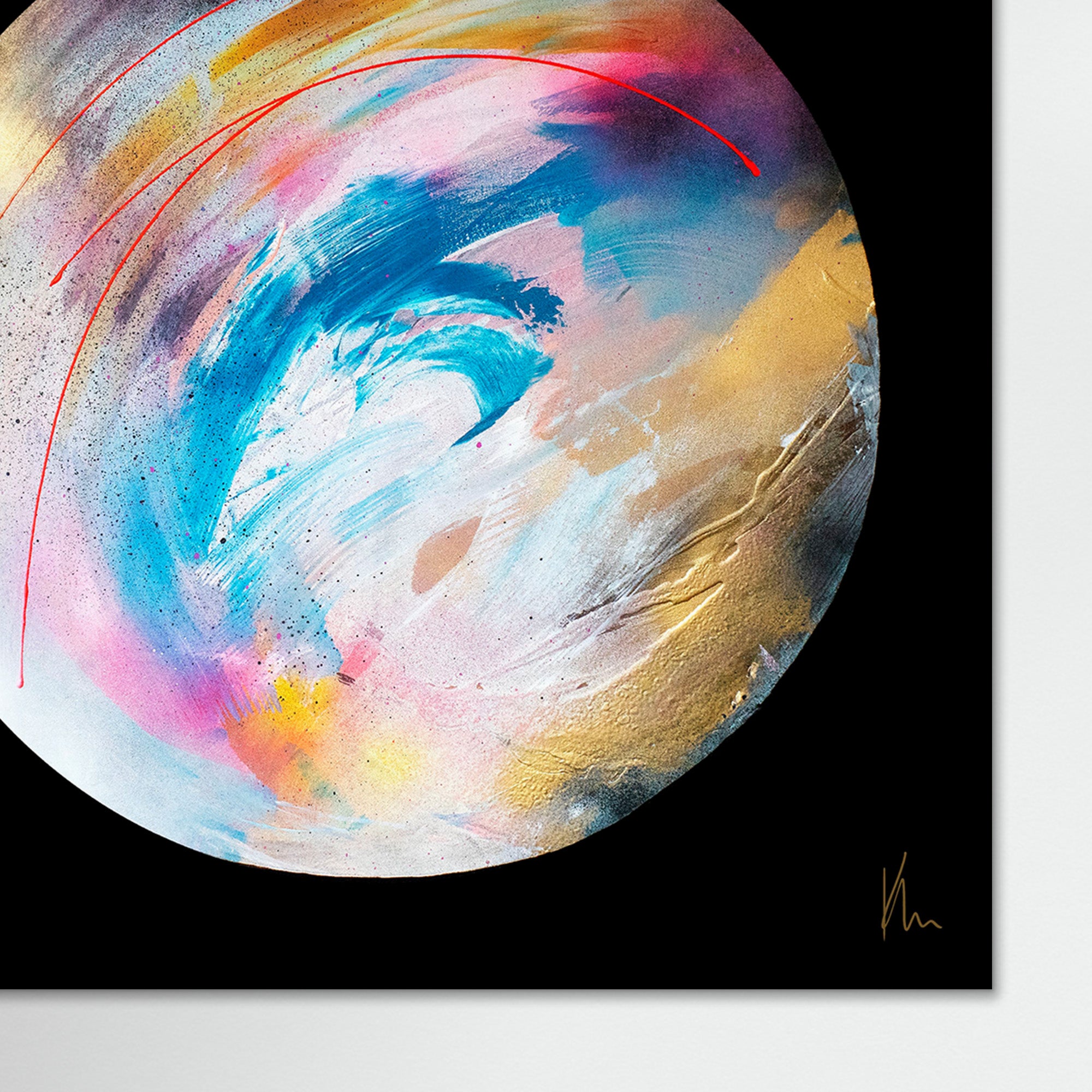 The "Speak Your Truth" painting by Kate Mayer features a stunning combination of vibrant swirls in blue, pink, and gold against a black background, resembling a dynamic, colorful vortex. This description beautifully captures the piece's energetic essence.