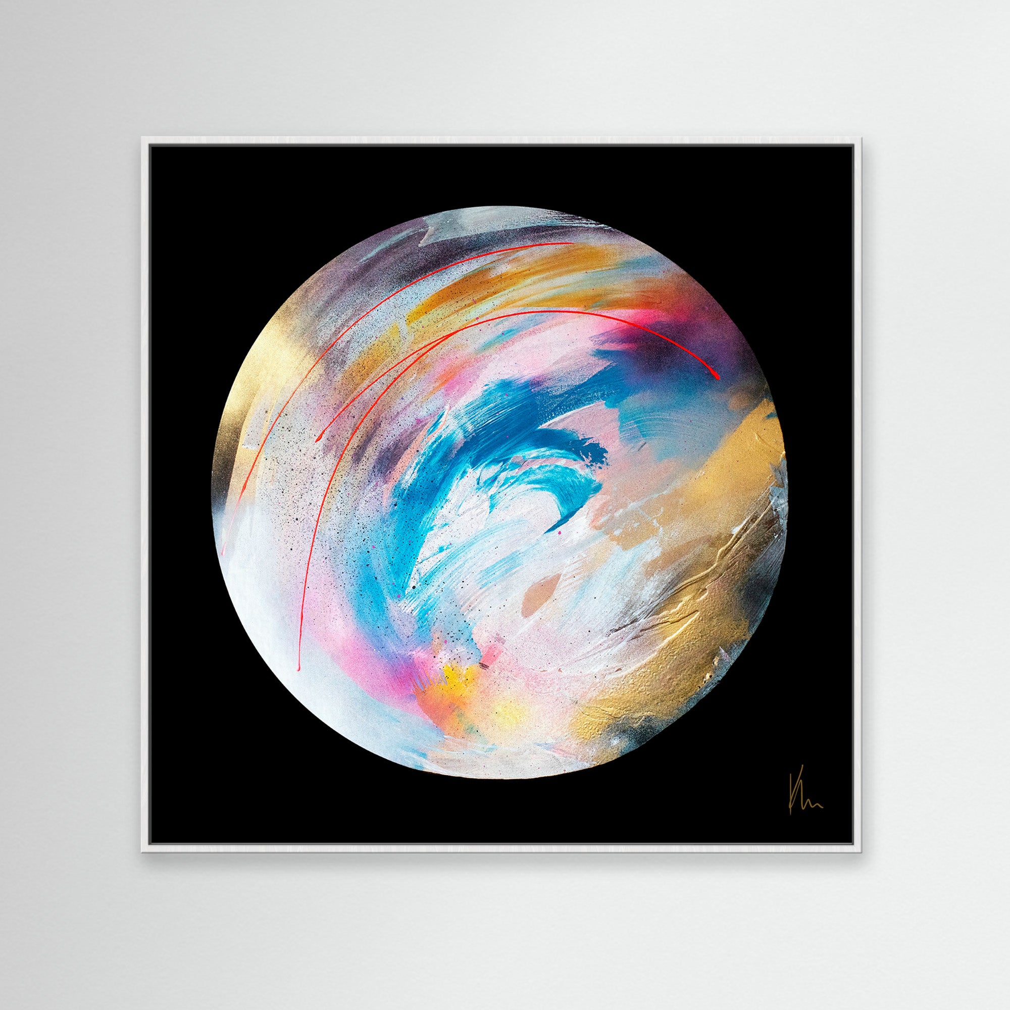 The "Speak Your Truth" abstract painting by Kate Mayer features a vibrant circular design with blue, pink, yellow, and white hues set against a black background. It is elegantly presented in a square frame.