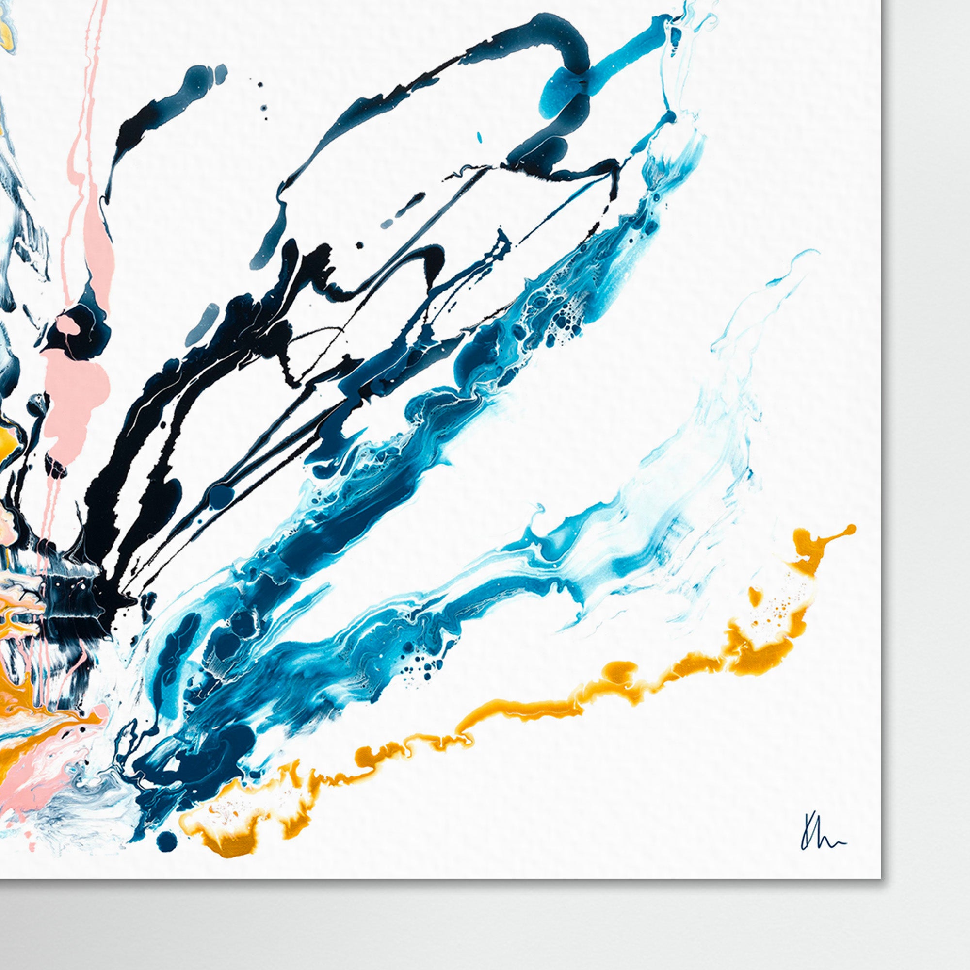 The dynamic essence of "Then There Was You" by Kate Mayer is perfectly captured in this description: an abstract painting with vibrant splashes of black, blue, and yellow on a white background, featuring fluid, sweeping brushstrokes.