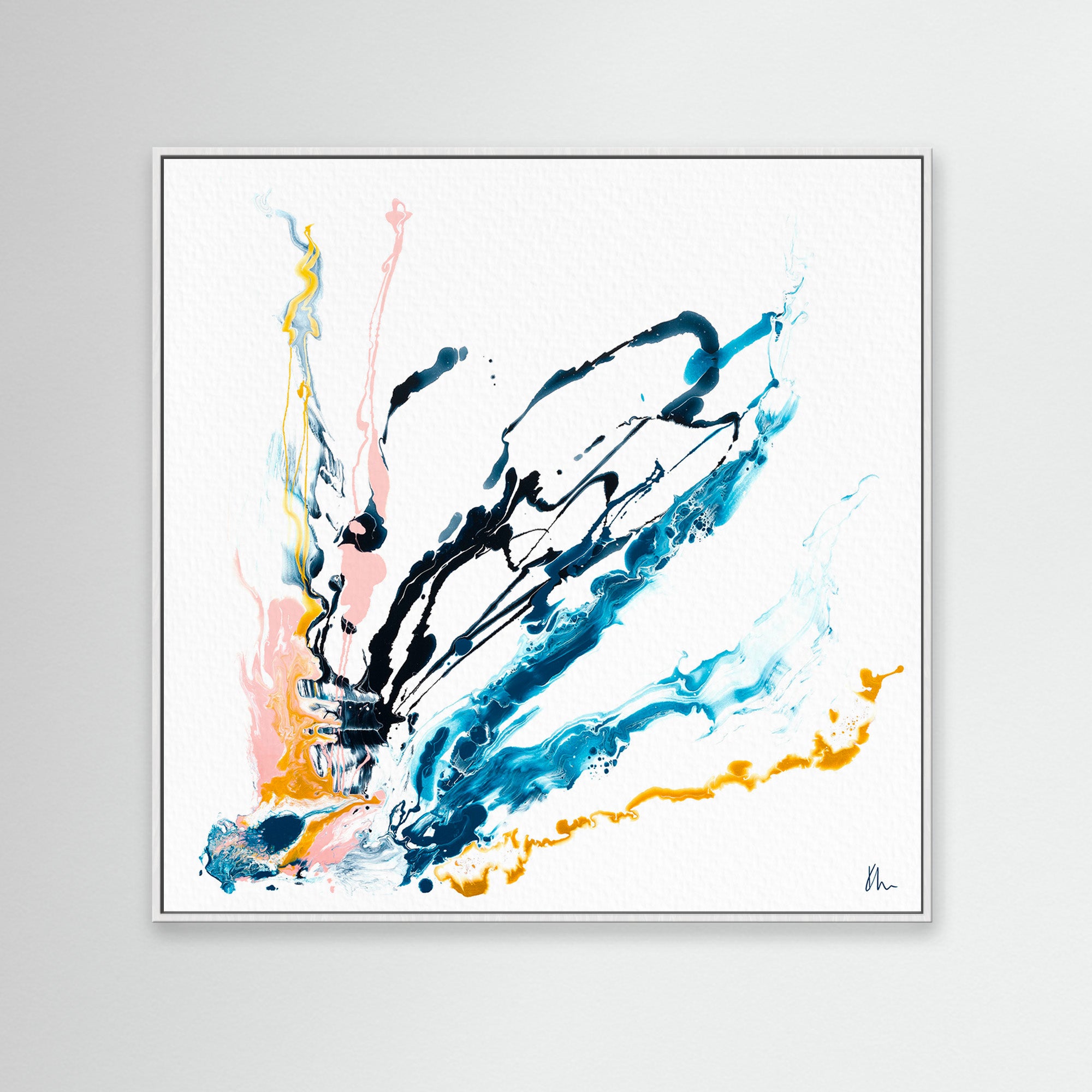 Then There Was You" by Kate Mayer is an exquisite addition to any art collection, featuring vibrant splashes of blue, black, yellow, and pink on a white background, beautifully framed with a small white border.