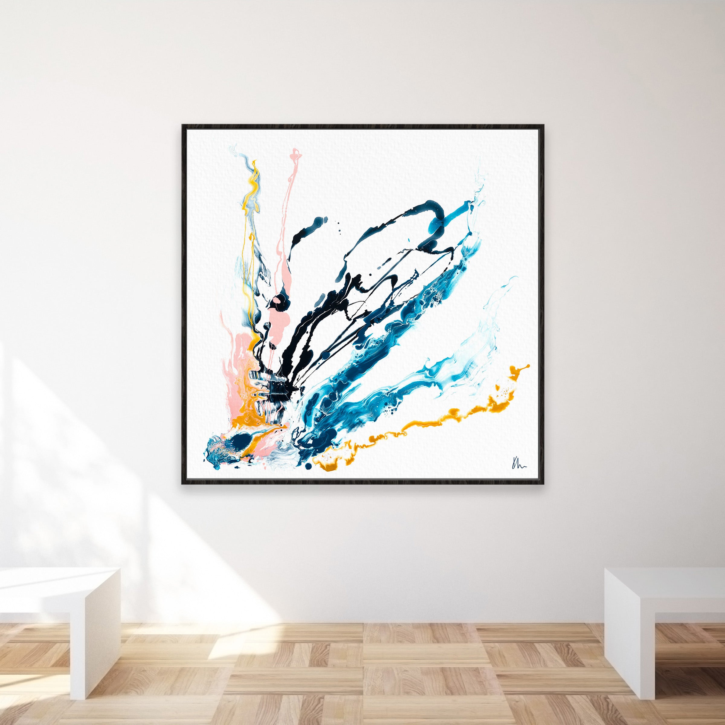 The "Then There Was You" abstract painting by Kate Mayer is elegantly framed in black and showcased on a white wall. The description highlights fluid strokes of blue, black, orange, and yellow.