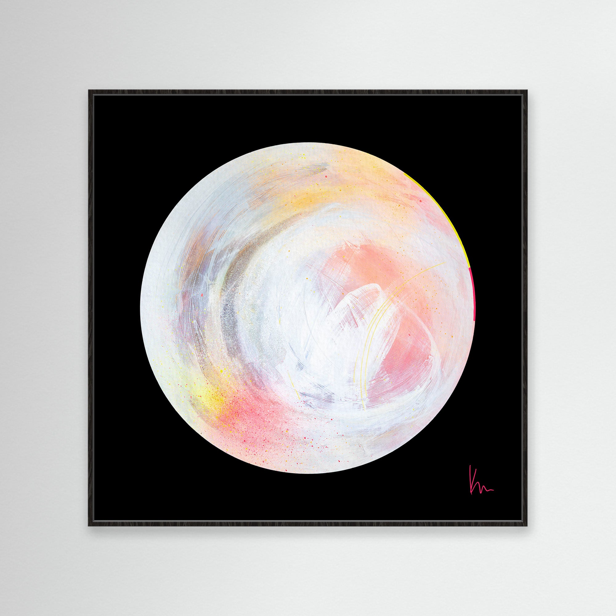 Kate Mayer's abstract painting, 'The Time Is Now,' showcases a large, textured circle in pastel colors set against a black background. The artist's signature is located in the bottom right corner.