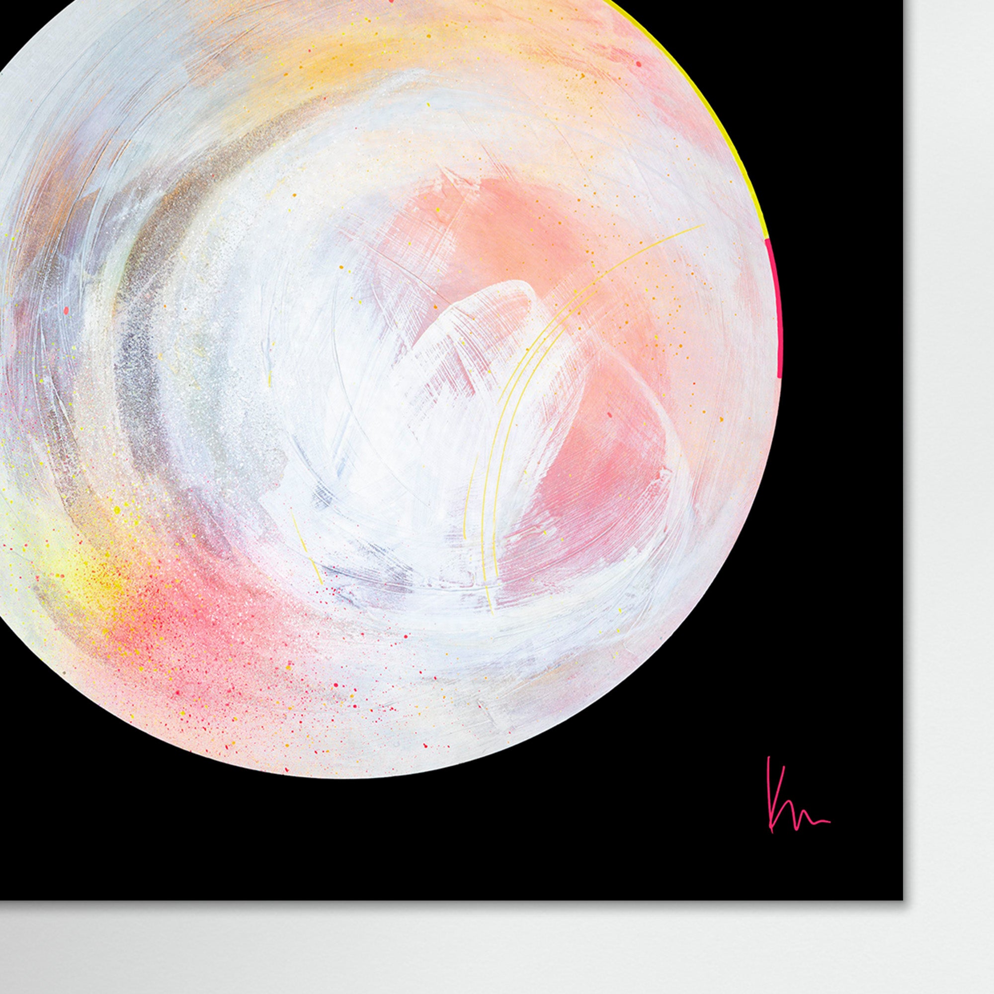 The Time Is Now" by Kate Mayer is an abstract painting that features a circular form with rich white, pink, and yellow hues set against a striking black background. Signed with a distinctive pink monogram, this compelling piece beckons viewers to delve into its vibrant contrasts.