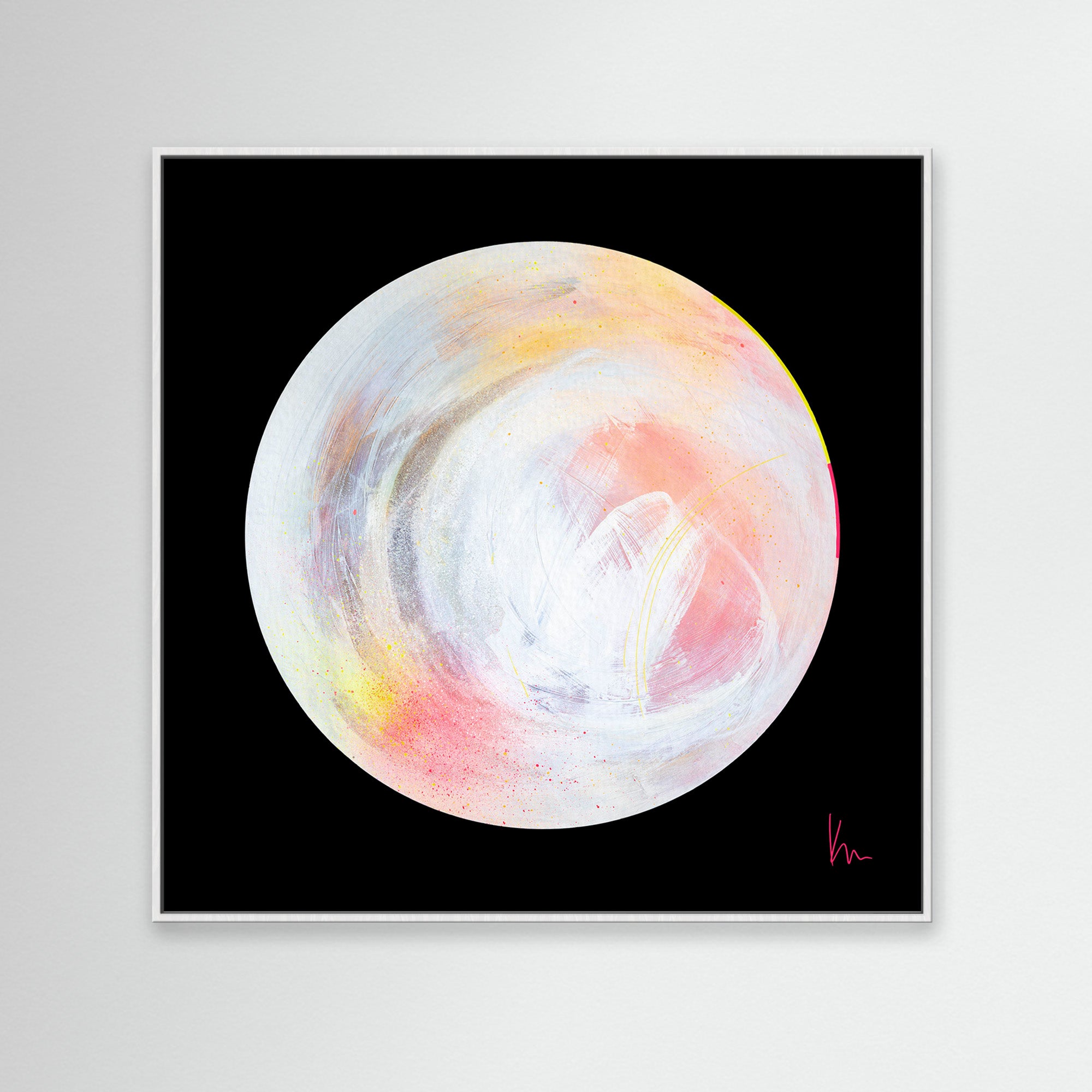 Abstract painting titled "The Time Is Now" by Kate Mayer, showcasing a large white and pink swirling circle against a black background, signed by the artist in the bottom right corner.