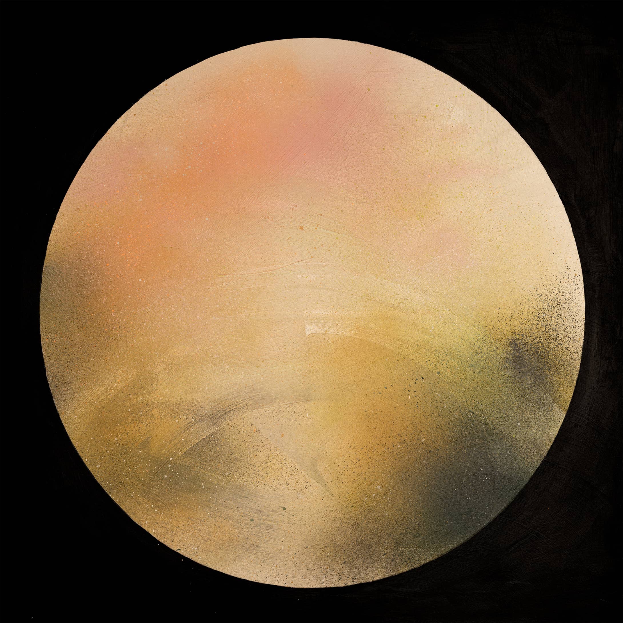 Keep Time On Me" by Kate Mayer features a softly colored, textured circle glowing in acrylic on canvas against black.