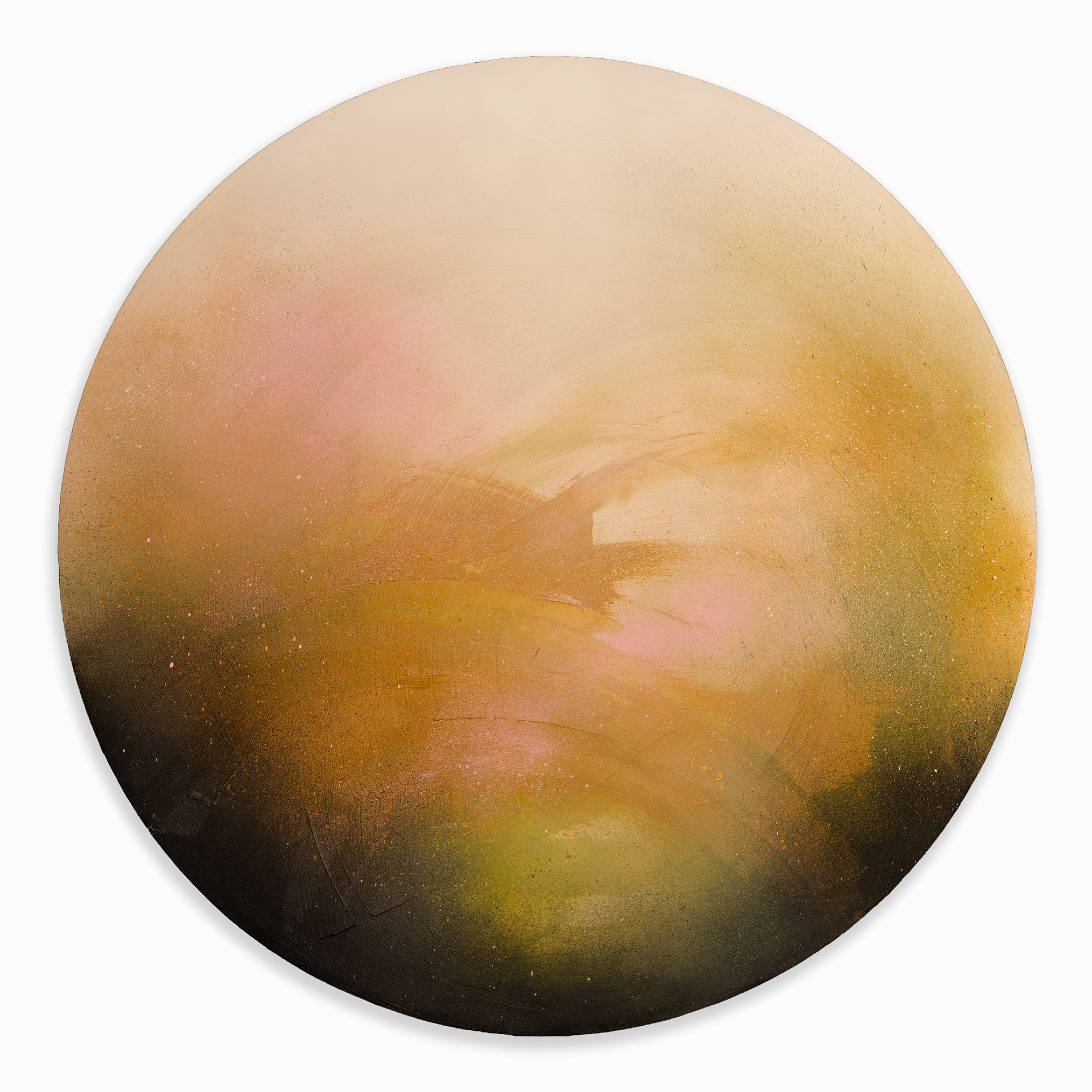 Only Now I See The Light" by Kate Mayer: a circular abstract on plywood in a handmade metal float frame for a dreamy look.