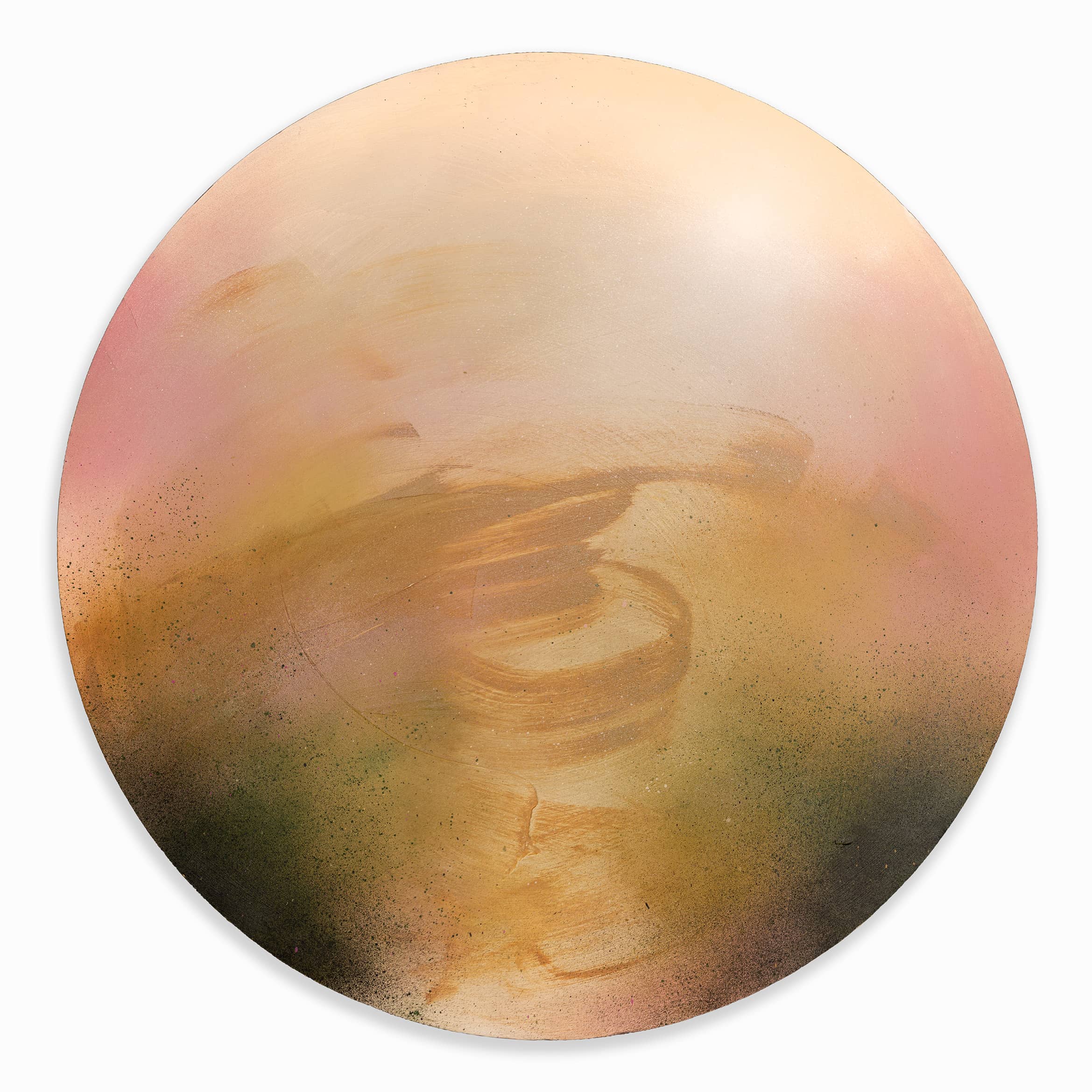 Kindling" by Kate Mayer—round abstract art with soft pink, gold, and brown swirls on circular plywood.