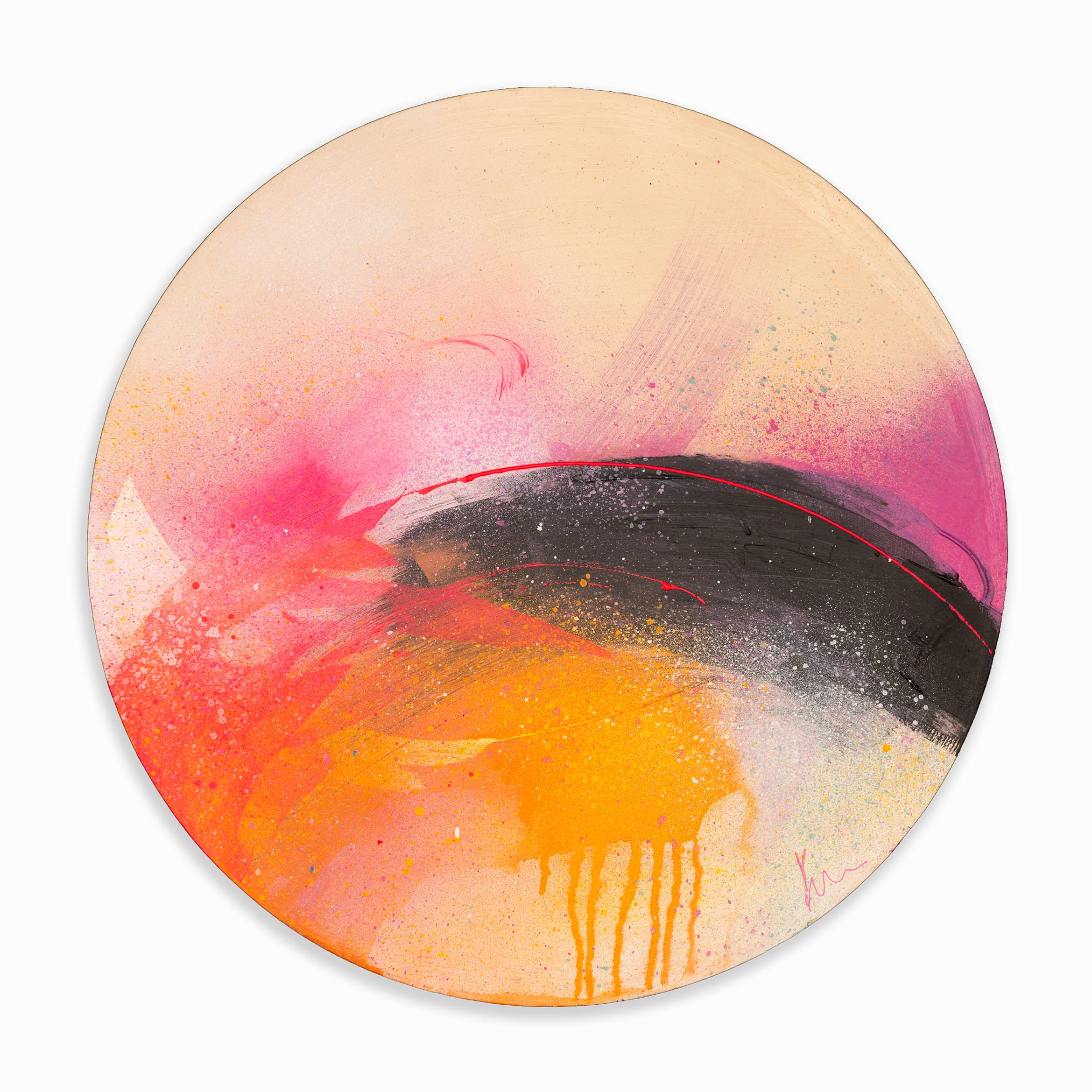 I Carry On" by Kate Mayer: Circular plywood panel with pink, orange, yellow splashes & a bold black curve.