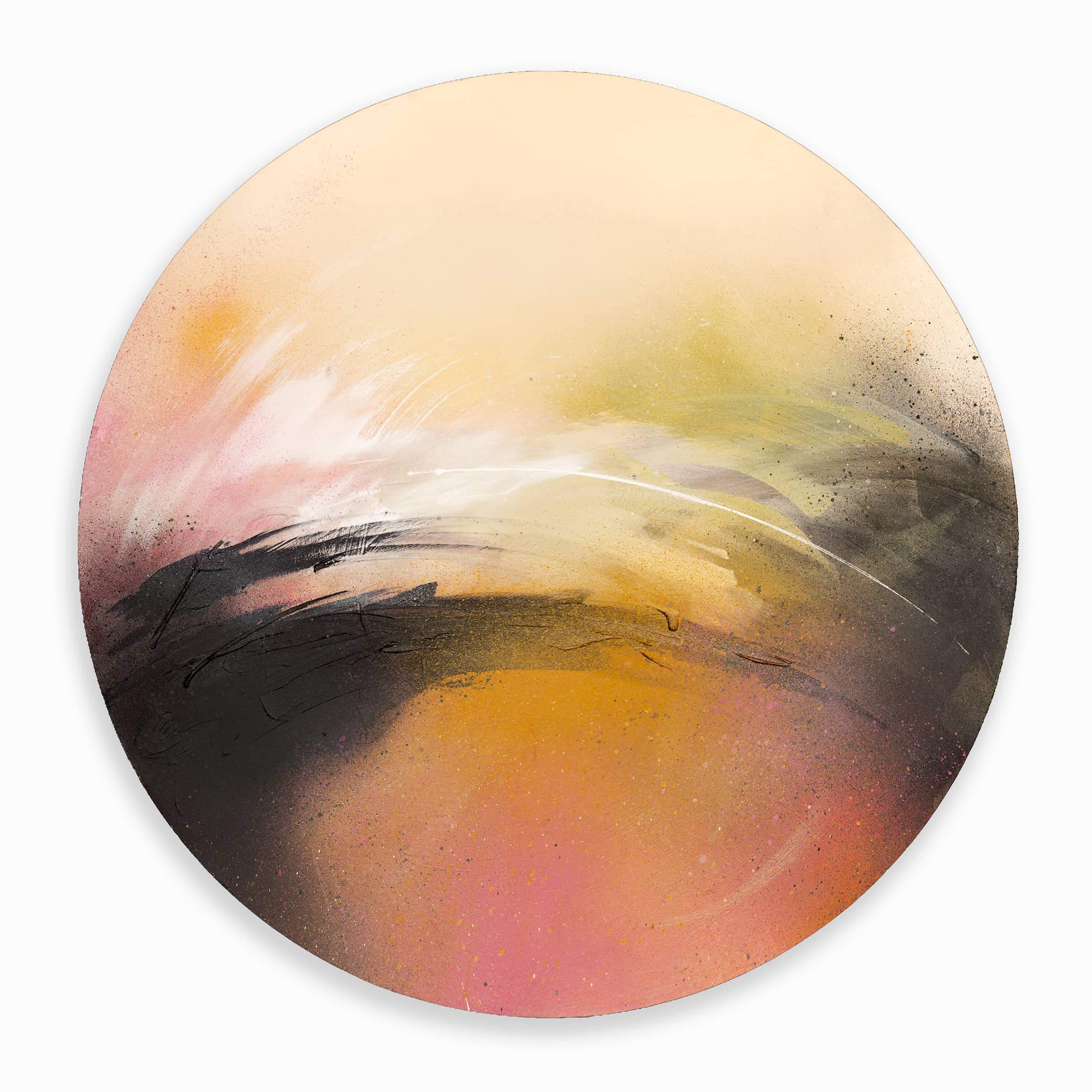One Day Like This by Kate Mayer: Abstract circular plywood art with pink, yellow, orange hues & bold black-white strokes.