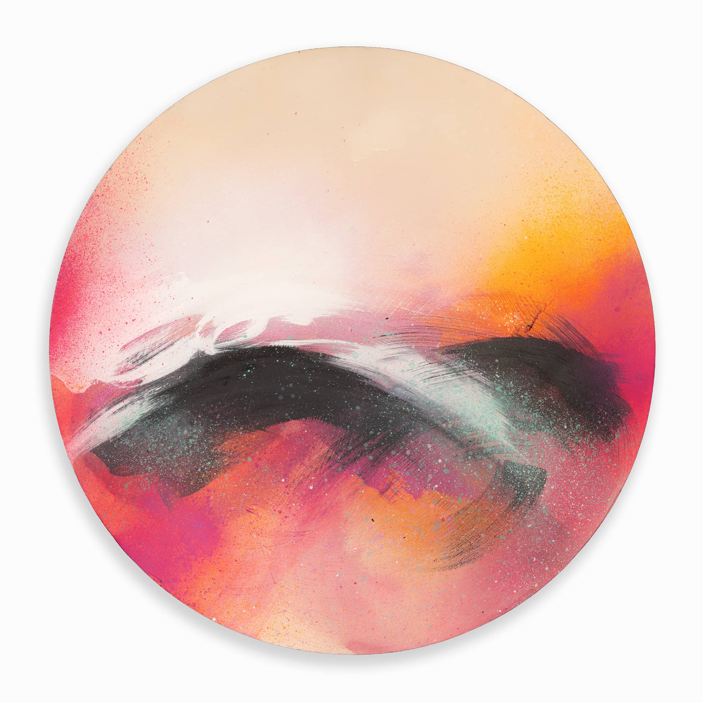 “Optimistic” by Kate Mayer: A circular abstract painting with bold pink, orange, and black brushstrokes in a metal frame.