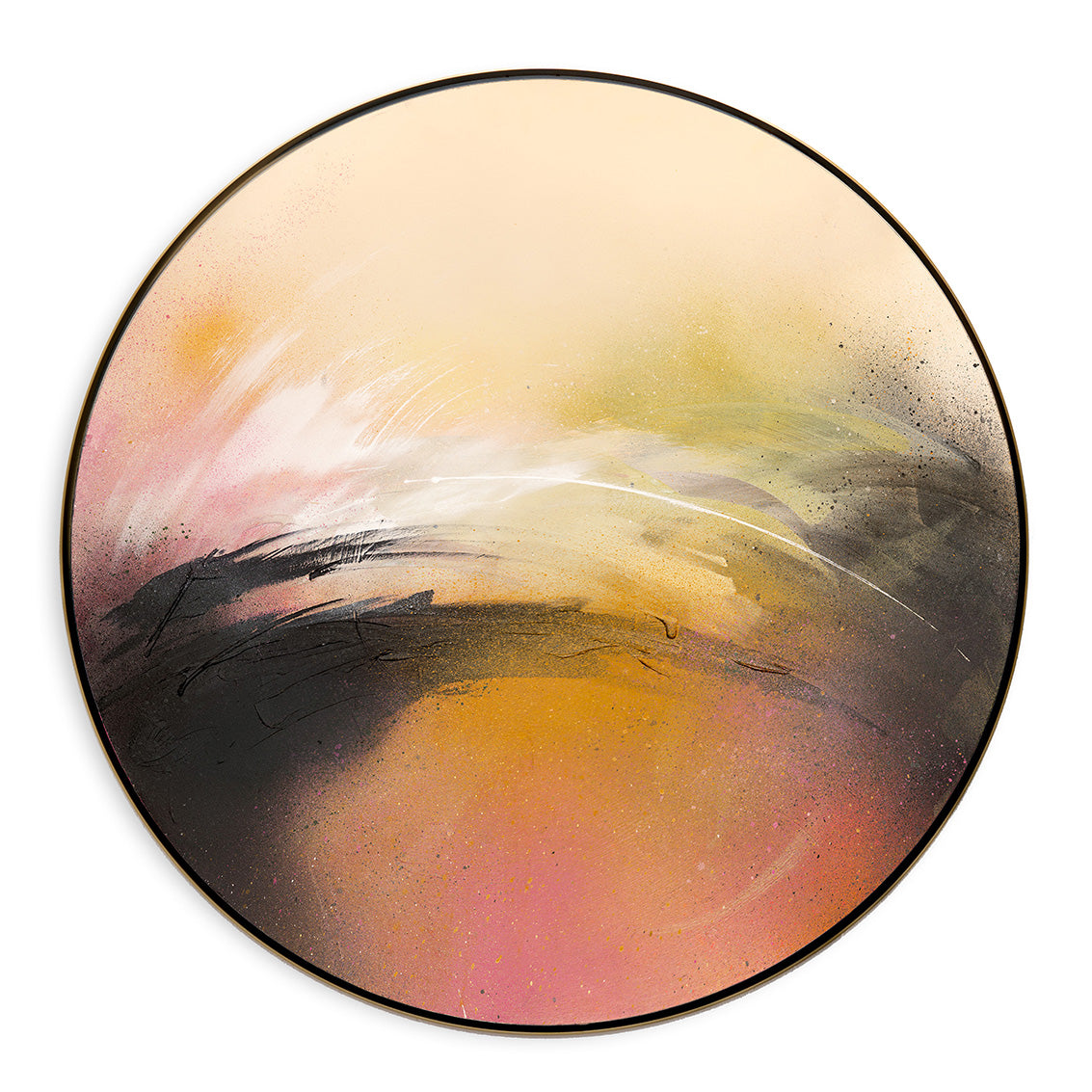 One Day Like This" by Kate Mayer: Abstract art on circular plywood with pink, yellow, black & white blended brushstrokes.