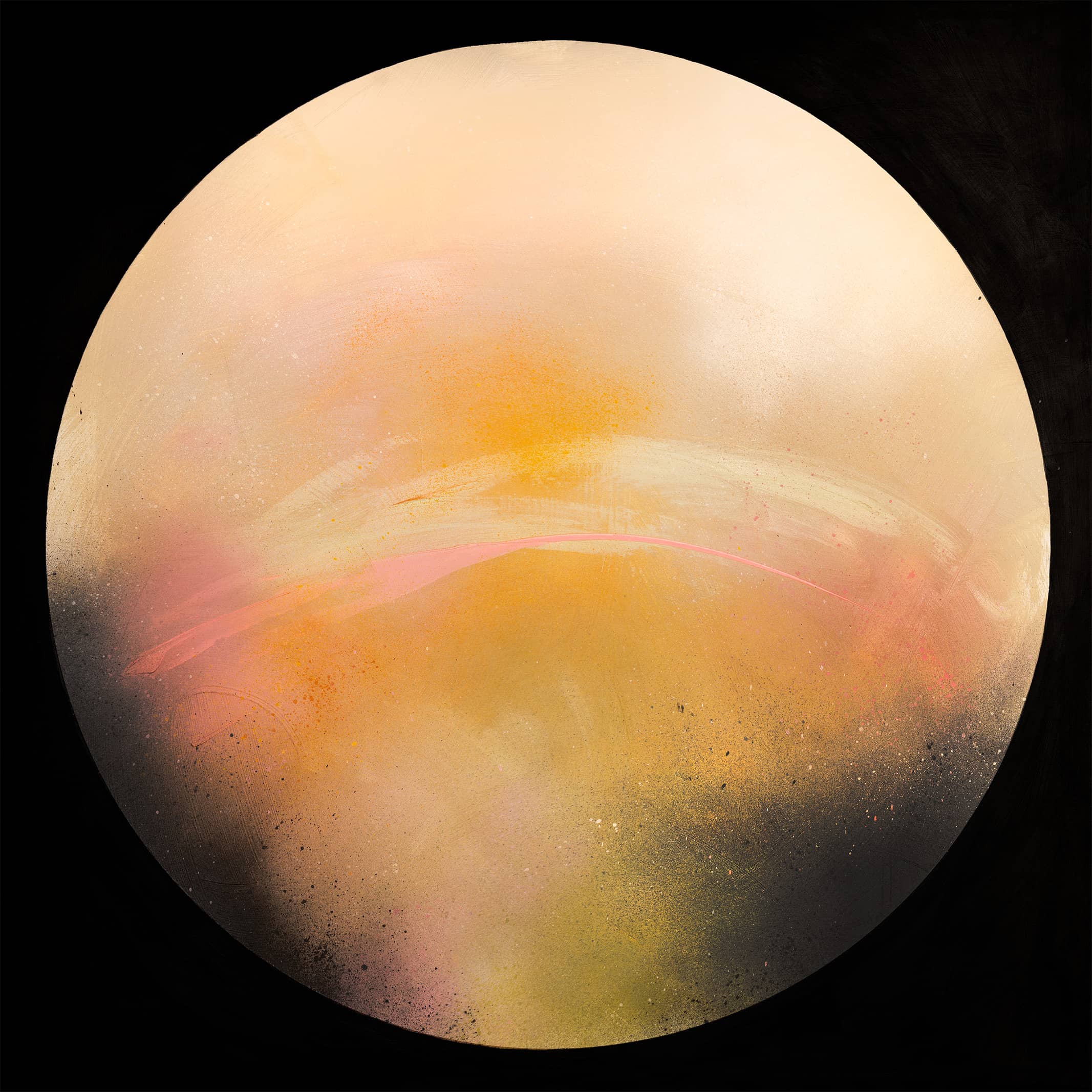 Sun It Rises" by Kate Mayer is an abstract pastel sphere on black, painted on a circular plywood panel.