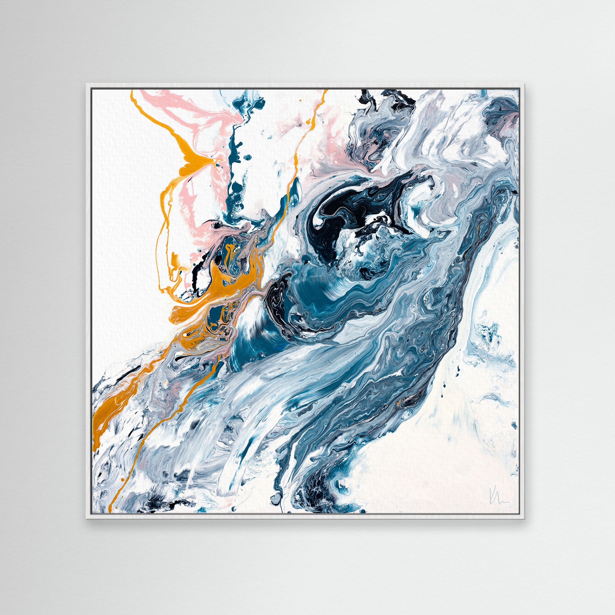 Abstract painting titled "Undercurrent" by Kate Mayer, featuring swirling colors of blue, white, orange, and black on canvas, framed and mounted on a light gray wall. Sorry for any confusion earlier; this is indeed the description you're looking for.