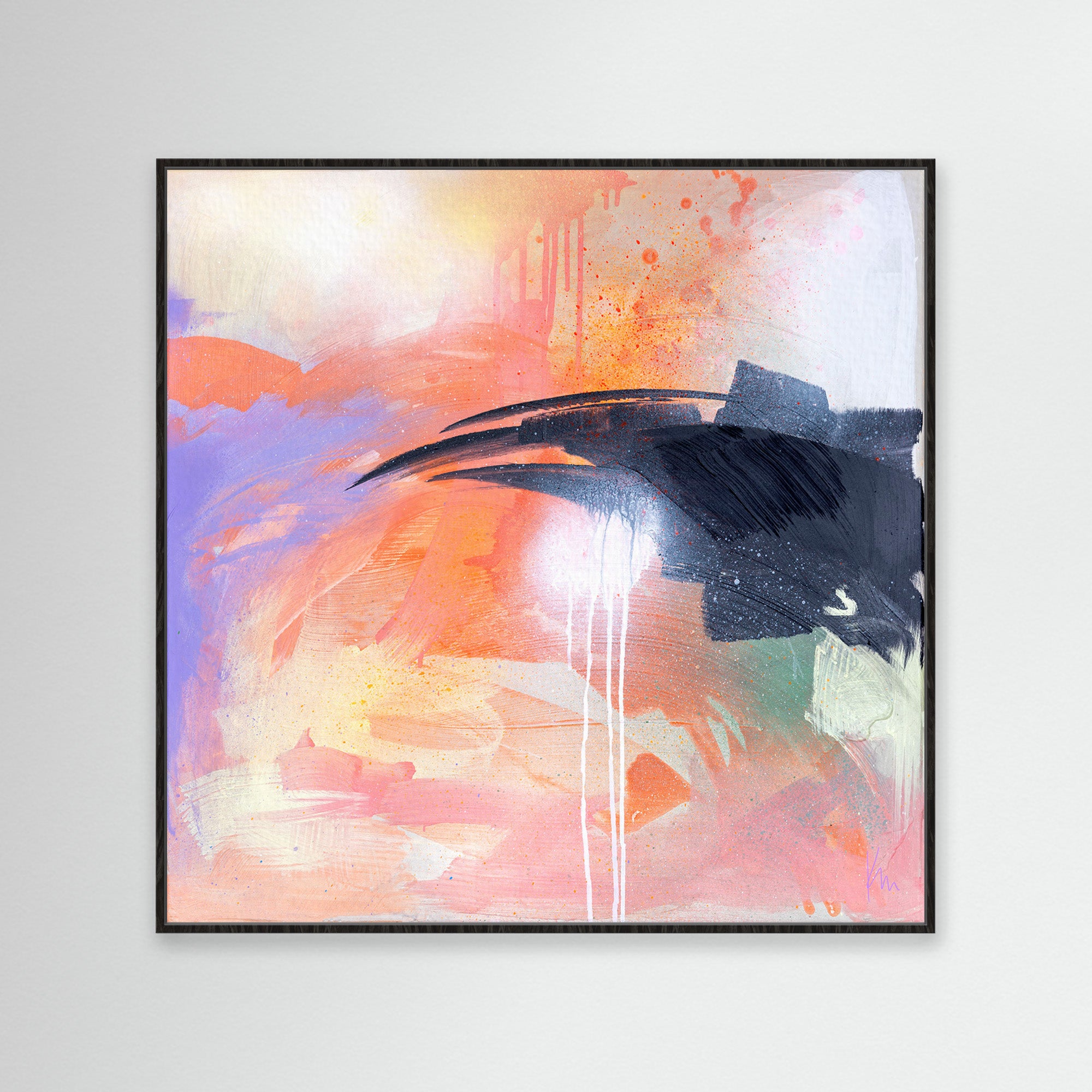 The artwork titled "Beneath The Surface" by Kate Mayer features bold black brushstrokes painted over a gentle pastel backdrop of pink, orange, and white tones.