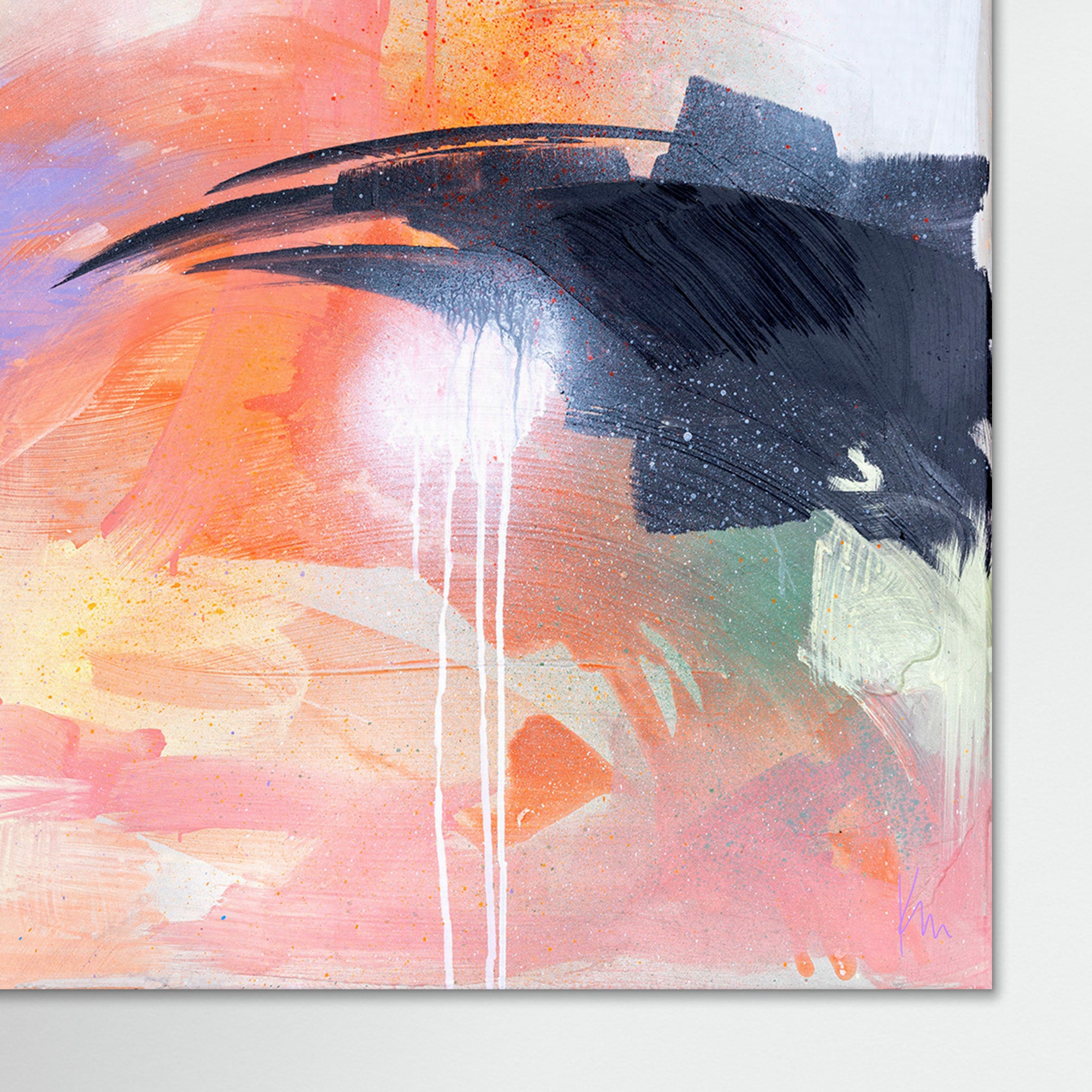 Beneath The Surface" by Kate Mayer is a dynamic and colorful composition featuring bold black strokes with splashes of pink, orange, and white.