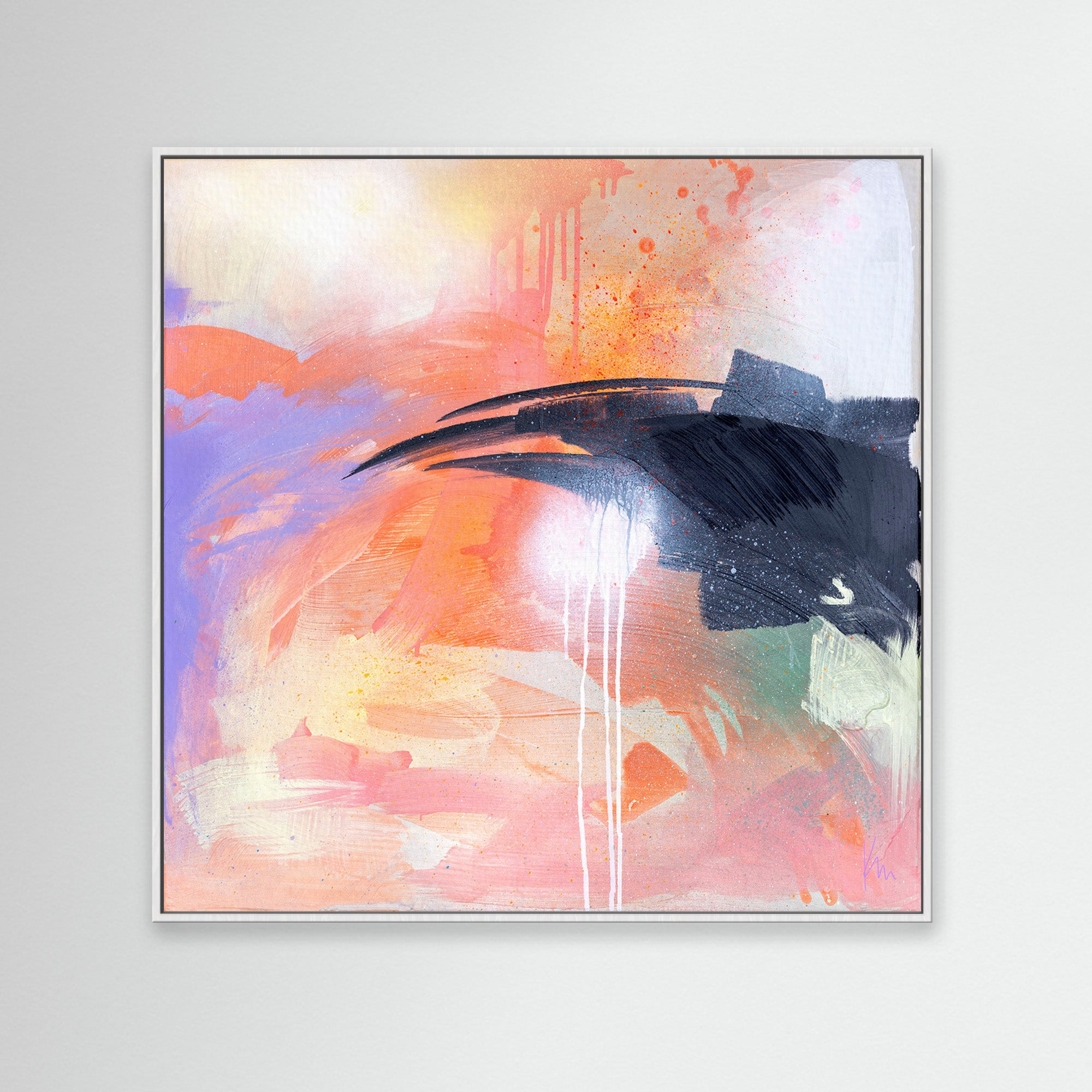 Beneath The Surface," by Kate Mayer, is an abstract painting featuring vibrant pastel colors and dark brushstrokes, all skillfully arranged to form a dynamic and textured composition within a white frame.