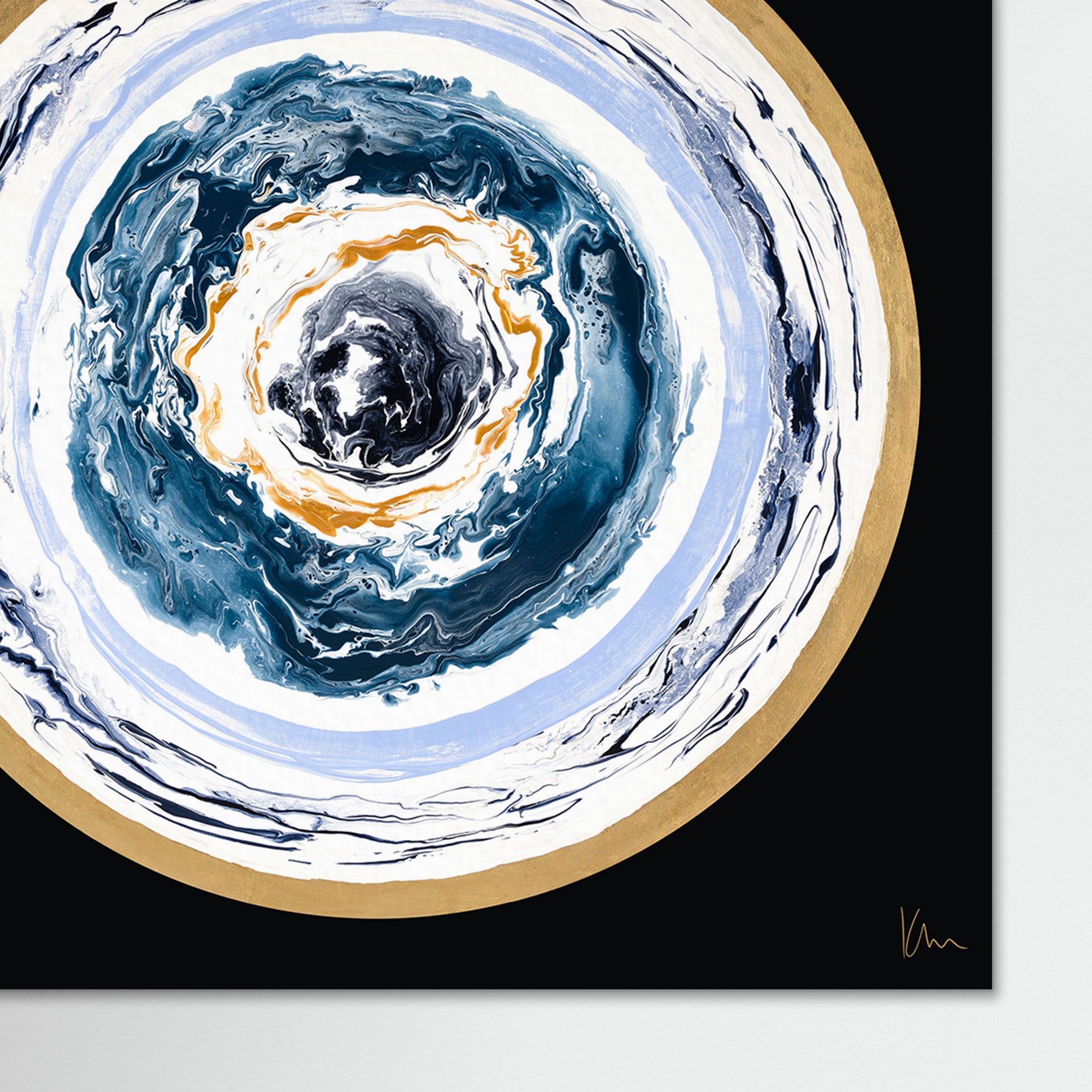 Universal Love by Kate Mayer is an abstract circular painting featuring swirling blue, white, and gold patterns that converge at the center, all bordered by a golden ring—this description captures its captivating essence perfectly.