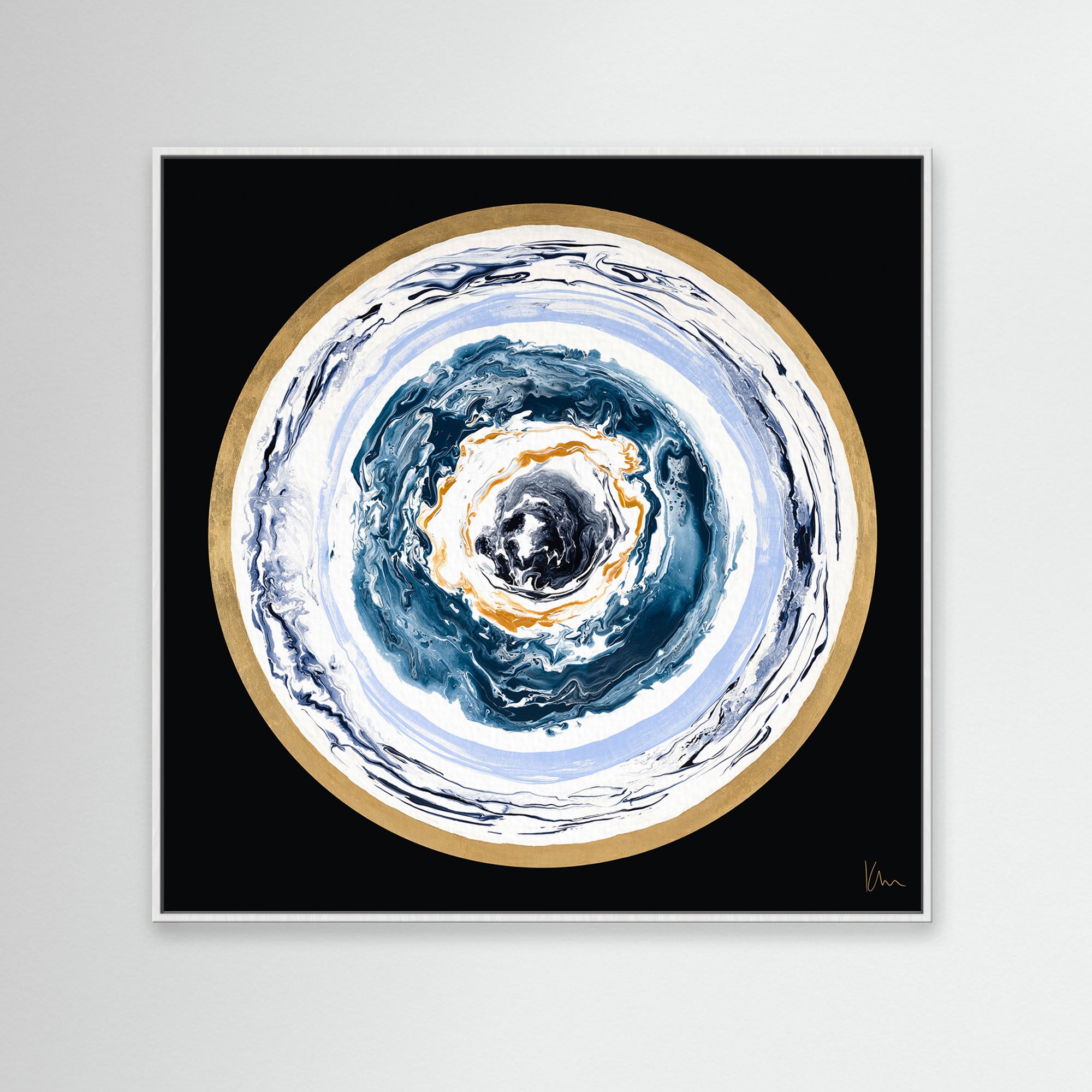 The description highlights "Universal Love," an abstract circular art piece by Kate Mayer, featuring swirling layers of white, blue, and gold on a black background, framed in a crisp white border.