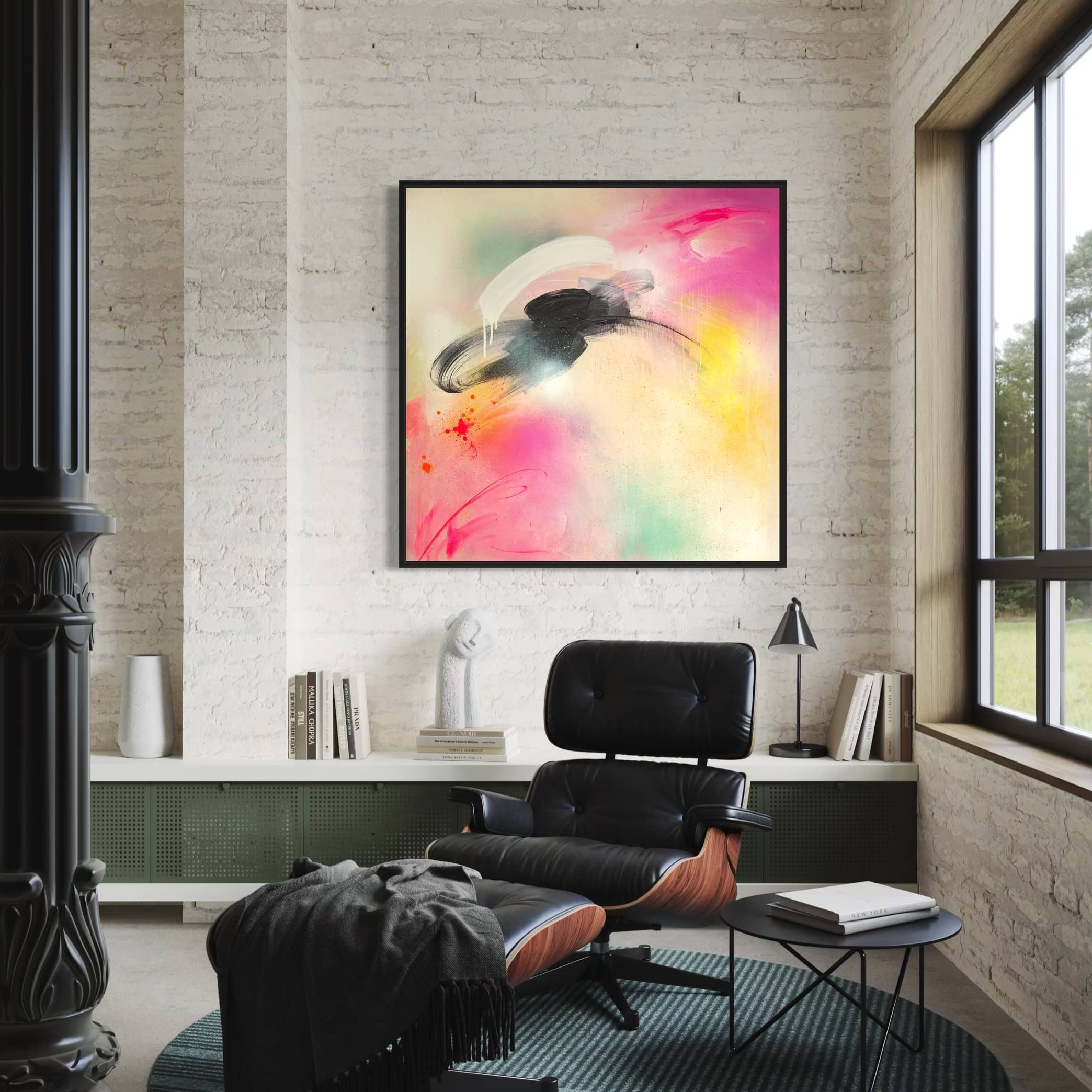 Modern living room with Kate Mayer's "You've Got The Love" painting, a black lounge chair, and a tall window.